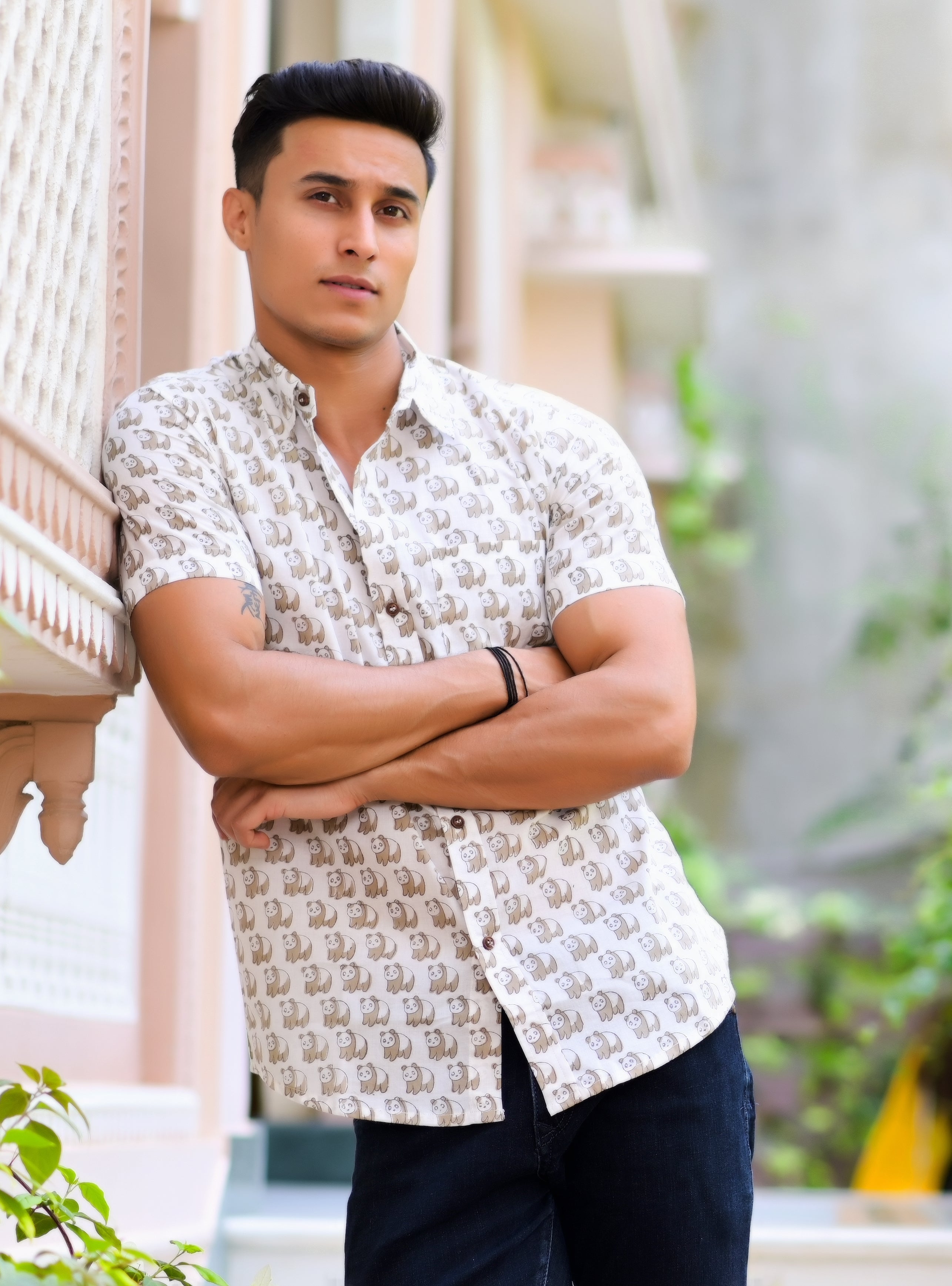 Qala Jaipur White Hand Block Print Bear Motif Shirt for Men | Jaipuri Hand-Block Cotton Shirt
