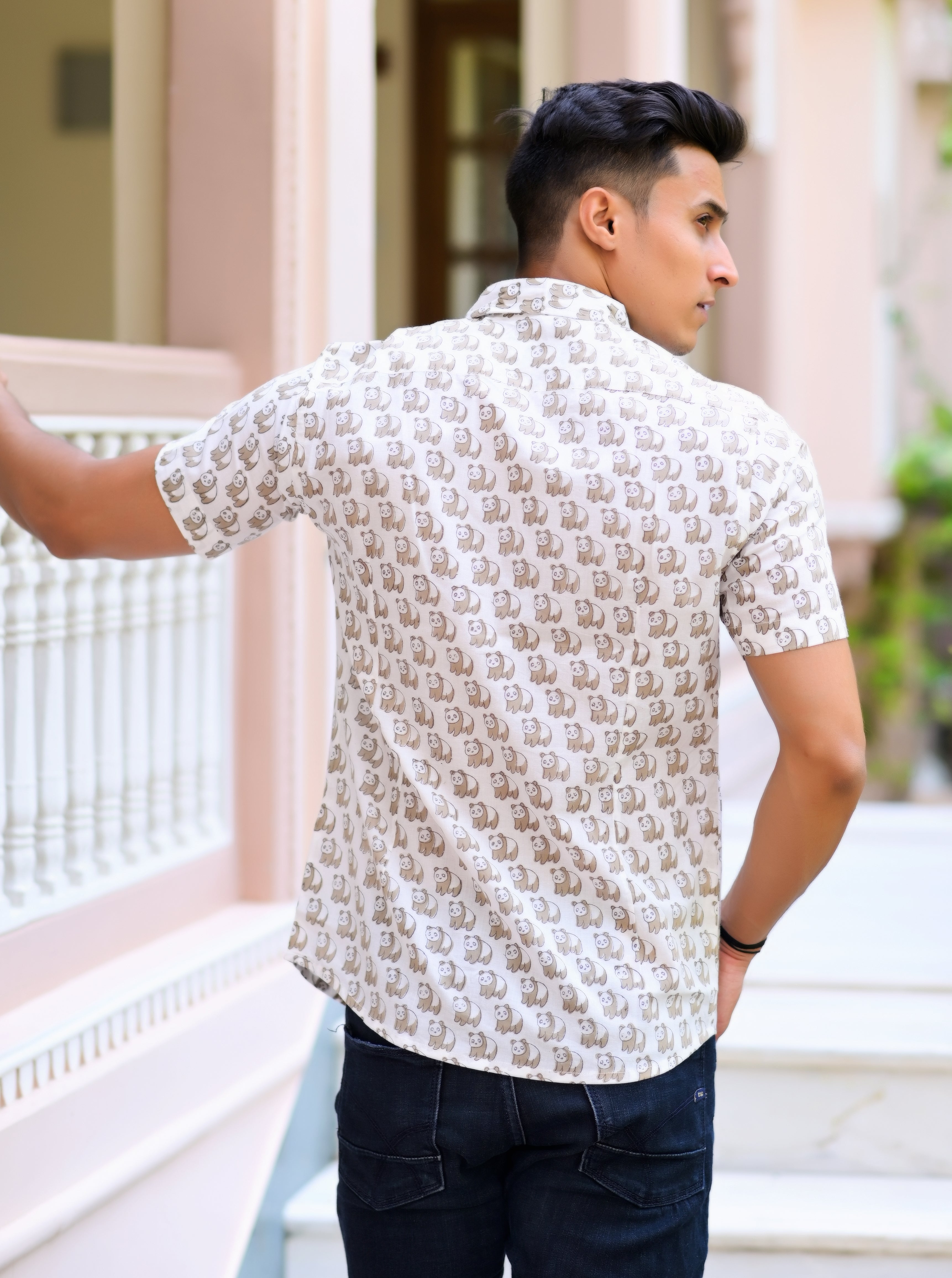 Qala Jaipur White Hand Block Print Bear Motif Shirt for Men | Jaipuri Hand-Block Cotton Shirt