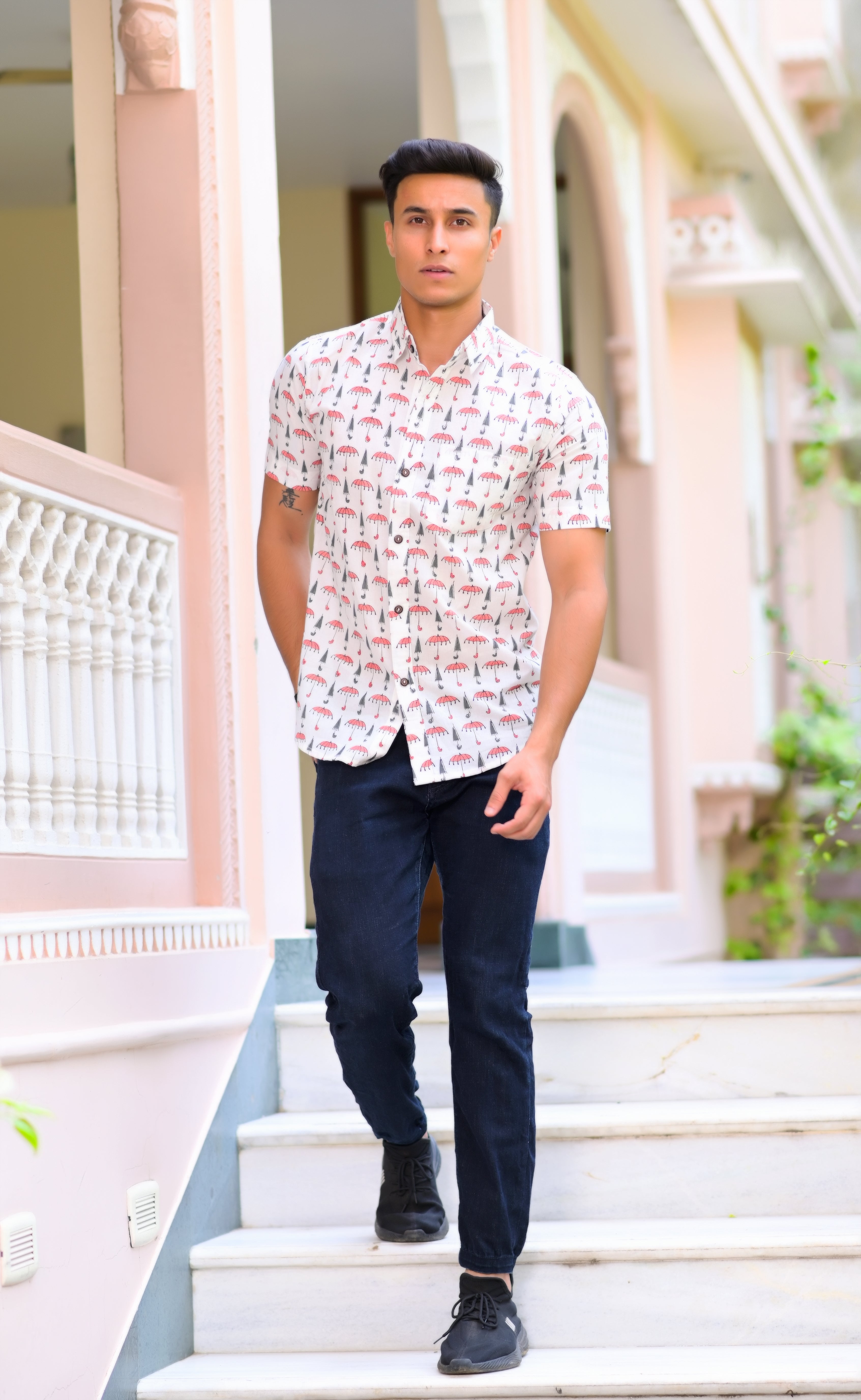 Qala Jaipur White Hand Block Print Umbrella Motif Shirt for Men | Jaipuri Hand-Block Cotton Shirt