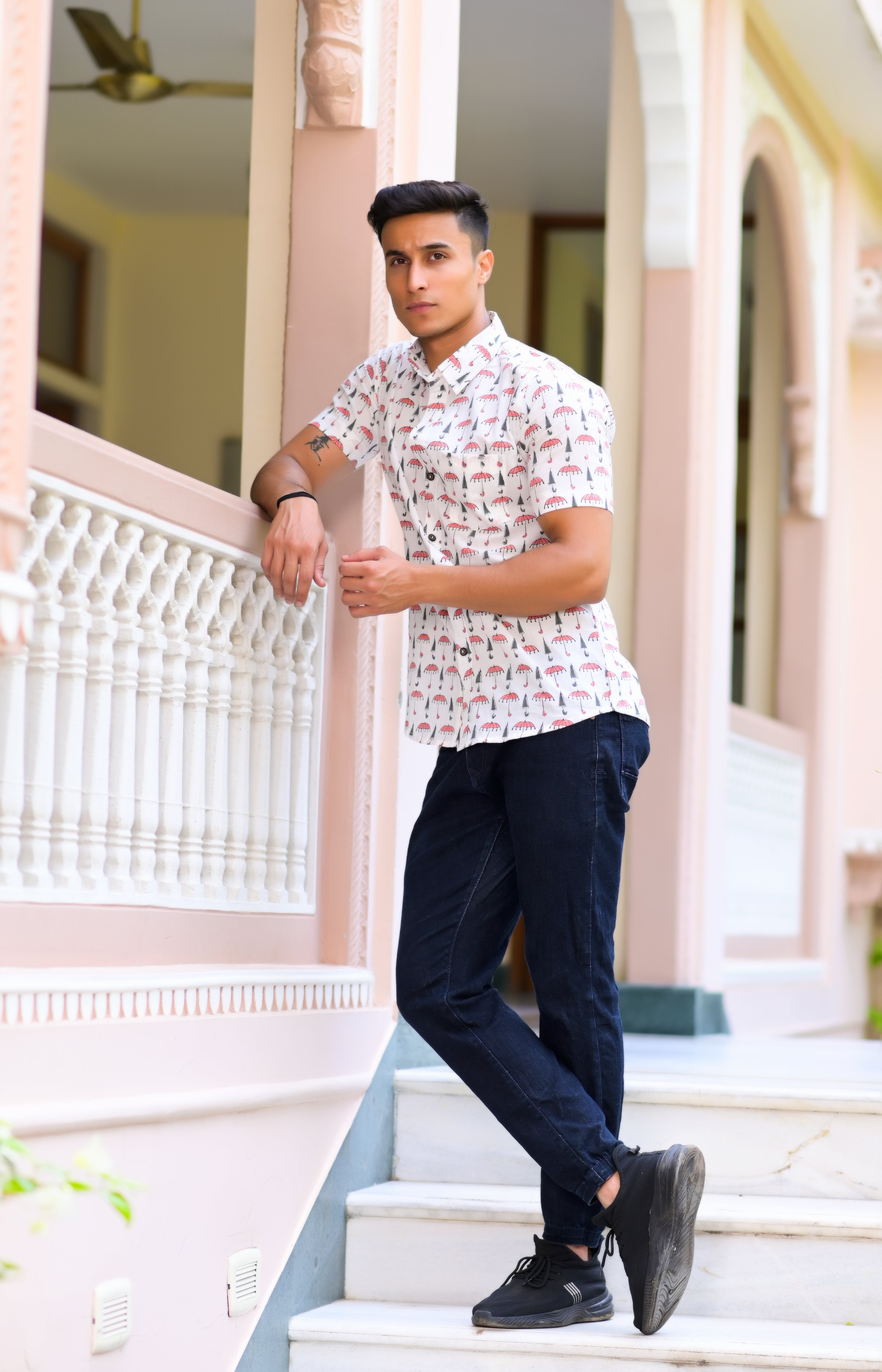 Qala Jaipur White Hand Block Print Umbrella Motif Shirt for Men | Jaipuri Hand-Block Cotton Shirt
