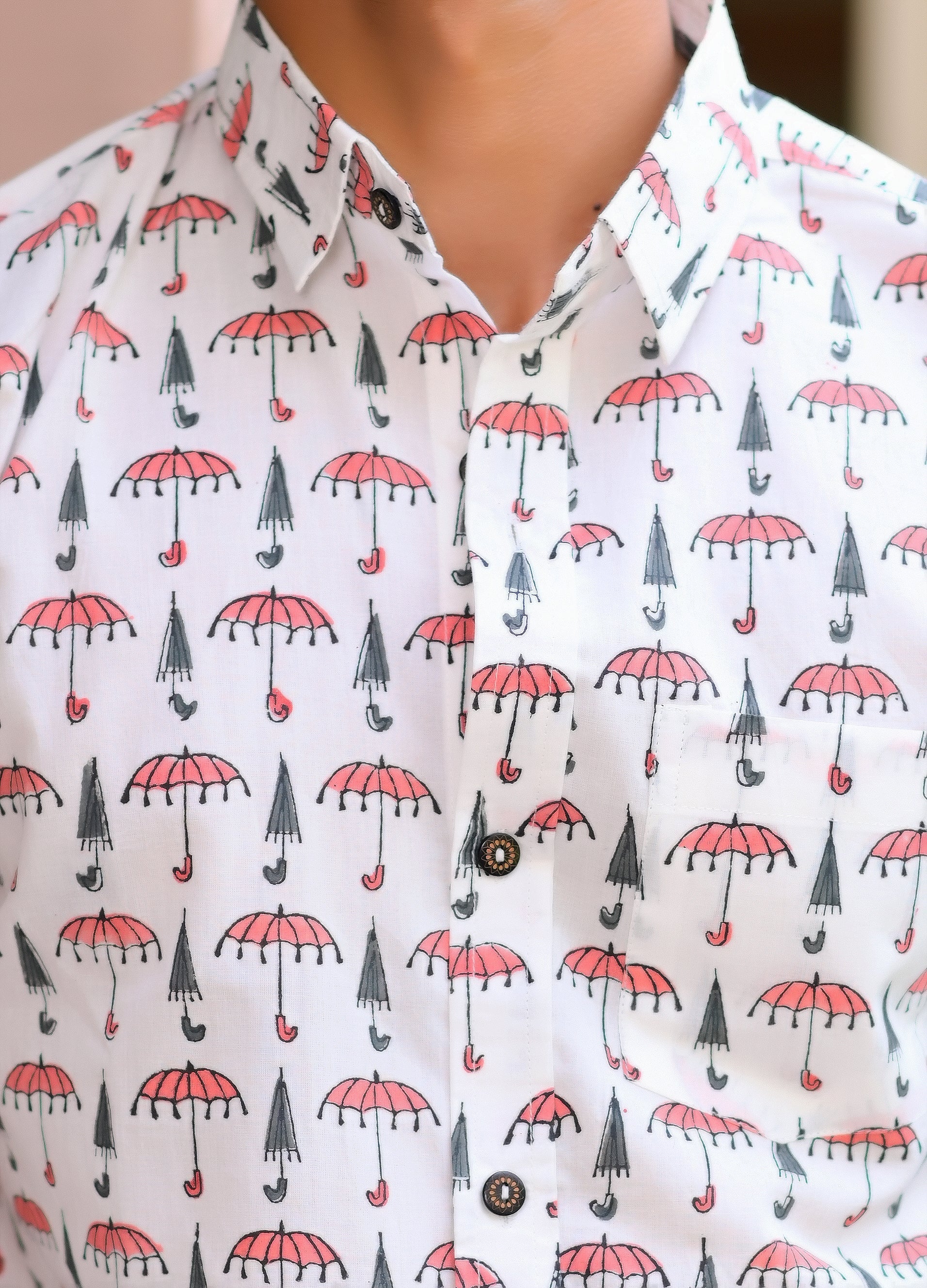 Qala Jaipur White Hand Block Print Umbrella Motif Shirt for Men | Jaipuri Hand-Block Cotton Shirt