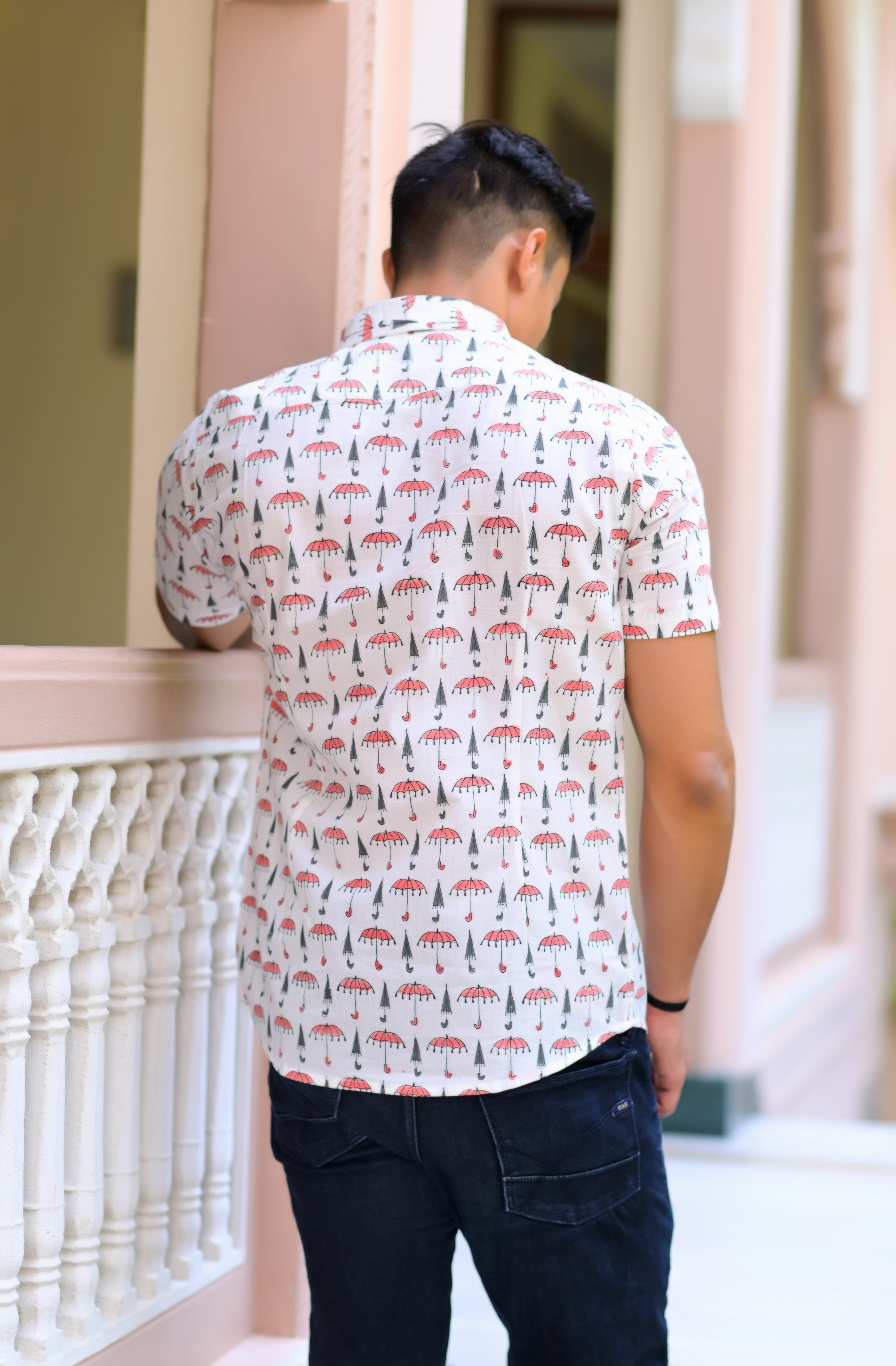 Qala Jaipur White Hand Block Print Umbrella Motif Shirt for Men | Jaipuri Hand-Block Cotton Shirt