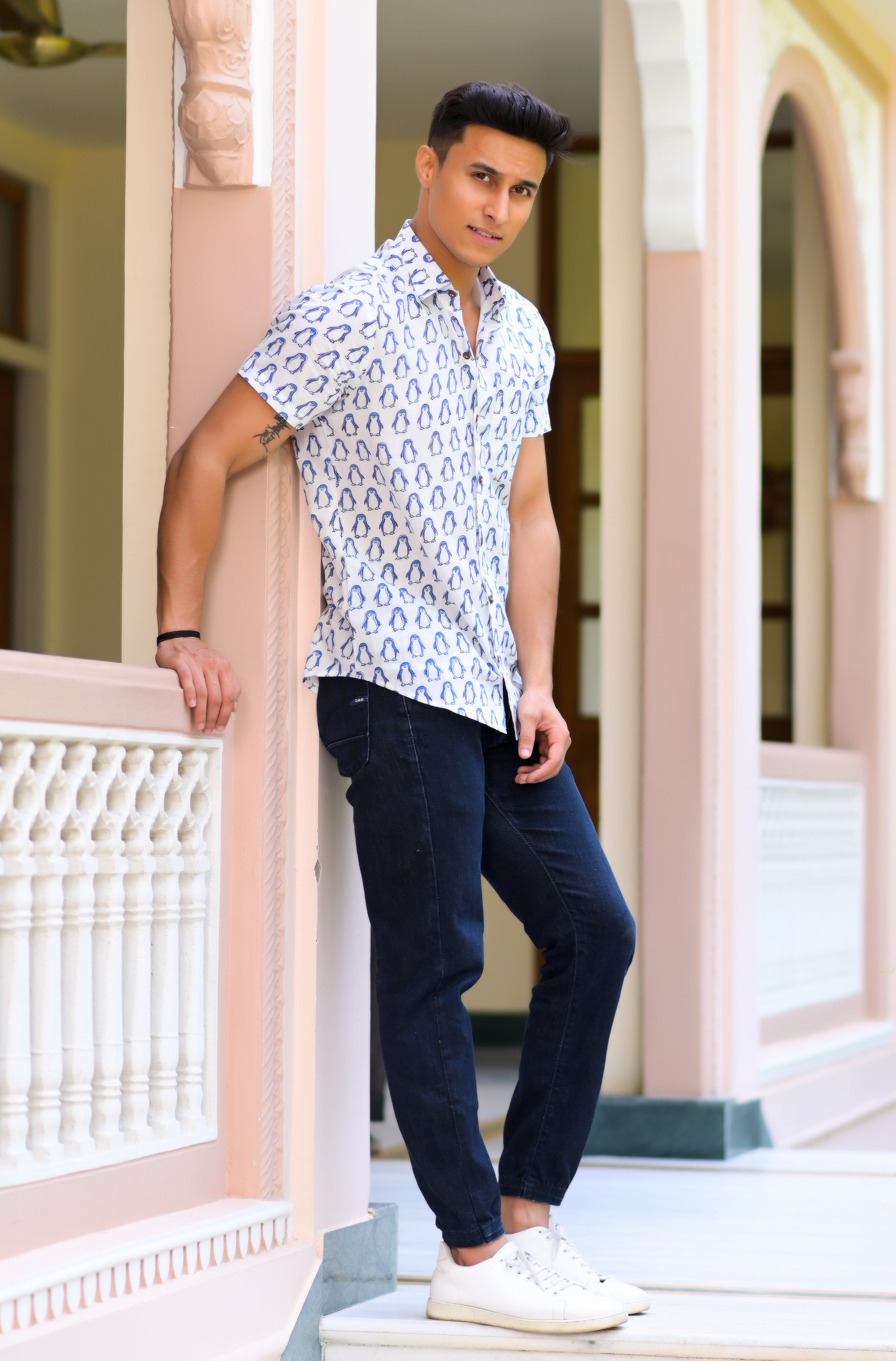 Qala Jaipur Blue Hand Block Print Penguin Motif Shirt for Men | Jaipuri Hand-Block Cotton Shirt