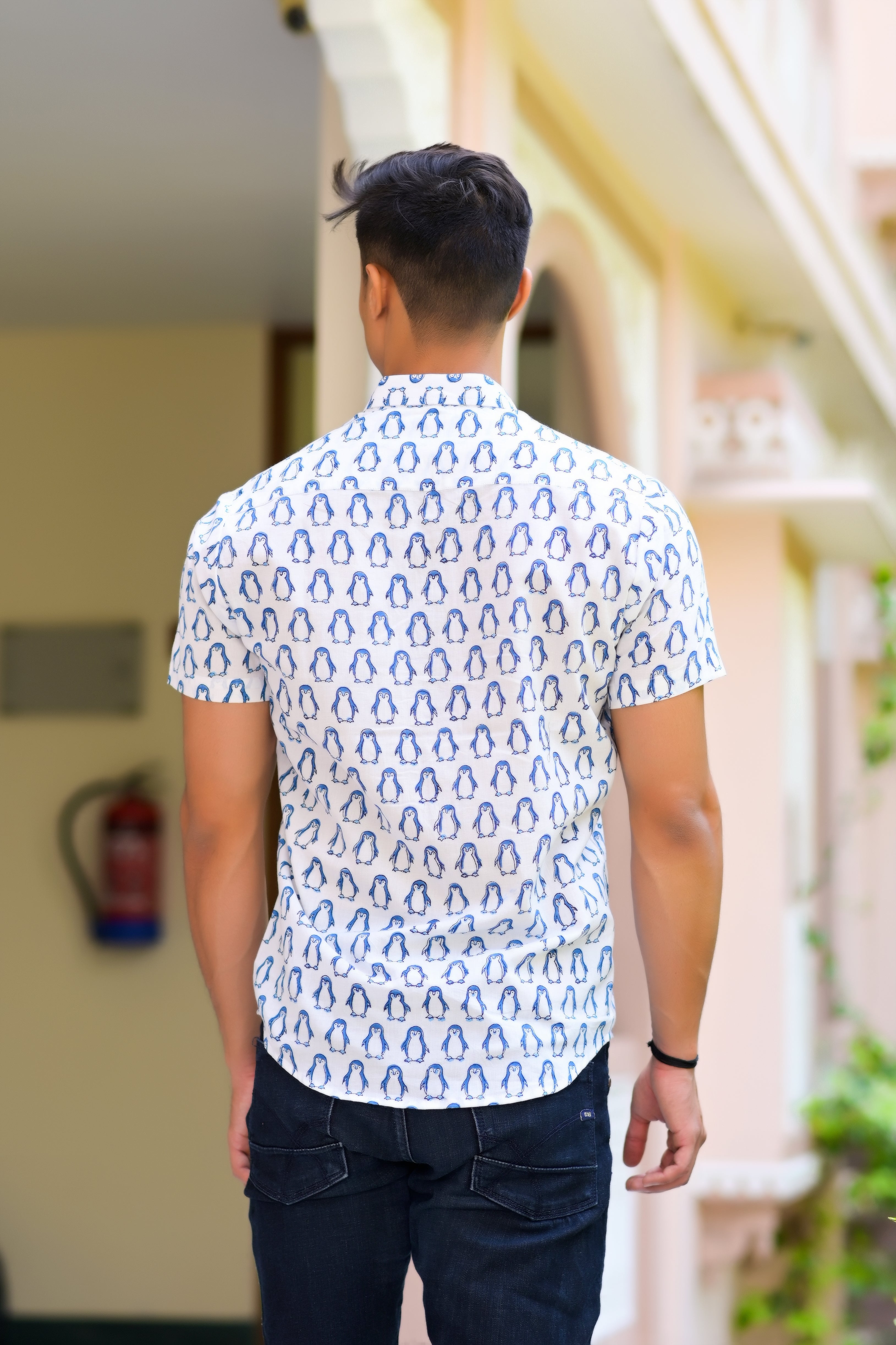 Qala Jaipur Blue Hand Block Print Penguin Motif Shirt for Men | Jaipuri Hand-Block Cotton Shirt