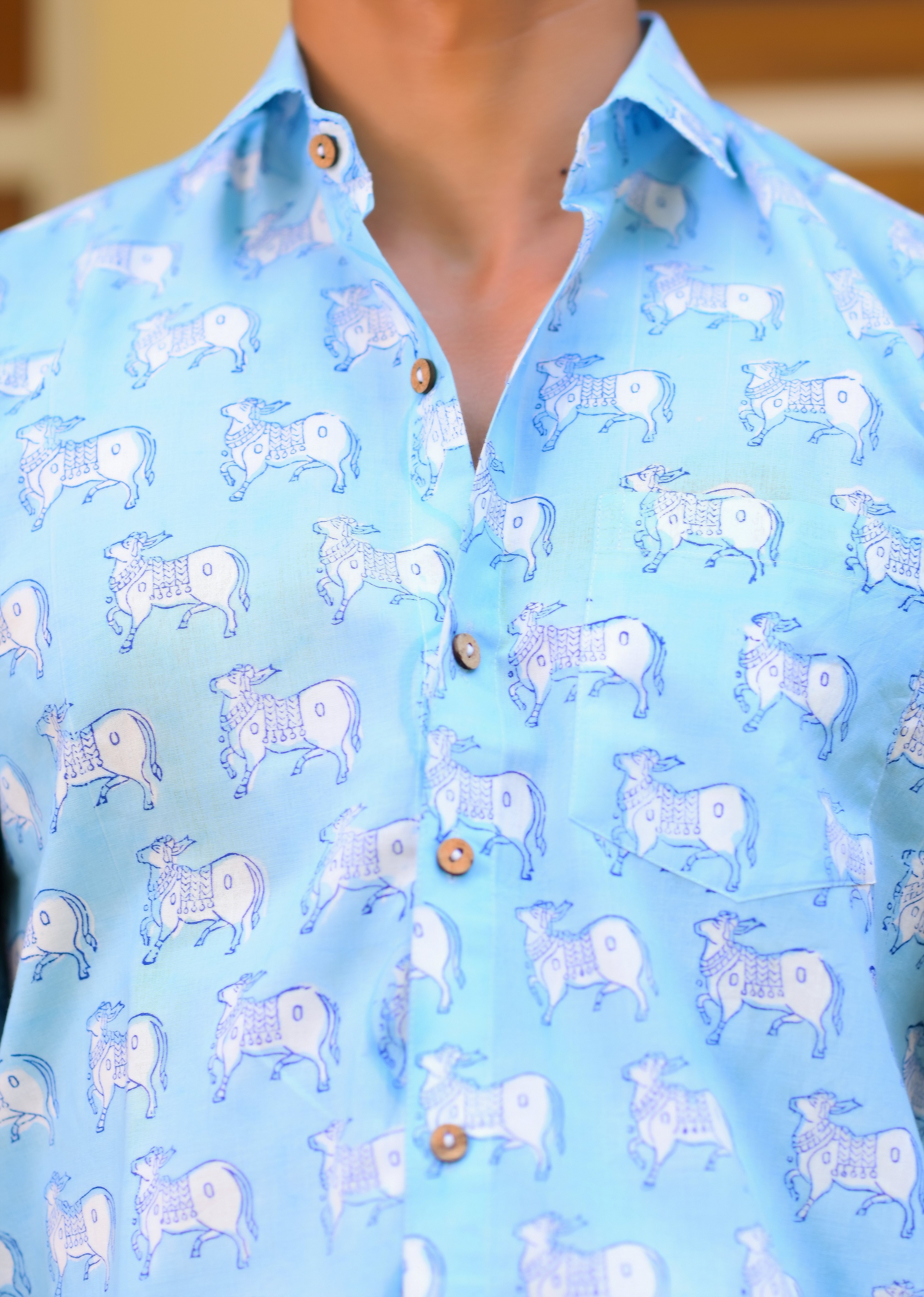 Qala Jaipur Blue Hand Block Print Bull Motif Shirt for Men | Jaipuri Hand-Block Cotton Shirt