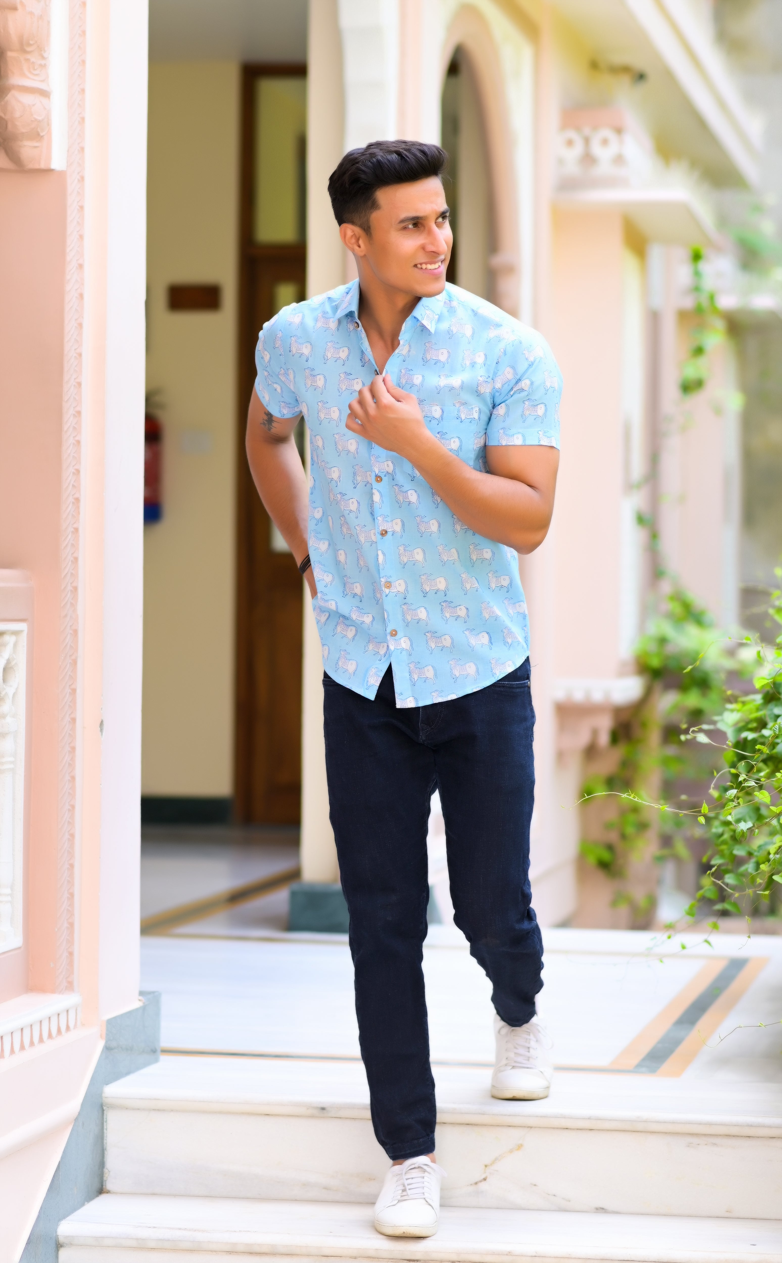 Qala Jaipur Blue Hand Block Print Bull Motif Shirt for Men | Jaipuri Hand-Block Cotton Shirt