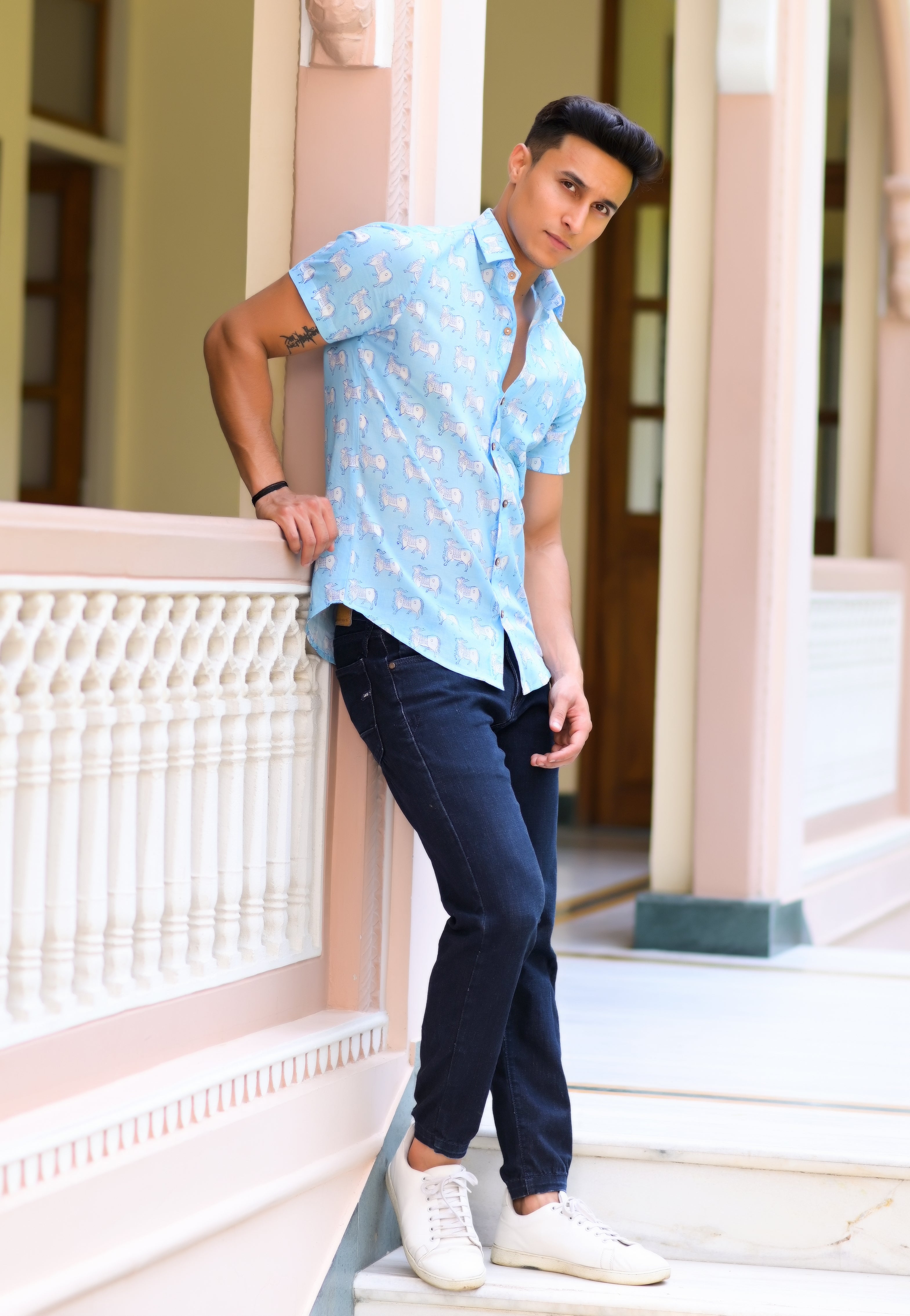 Qala Jaipur Blue Hand Block Print Bull Motif Shirt for Men | Jaipuri Hand-Block Cotton Shirt
