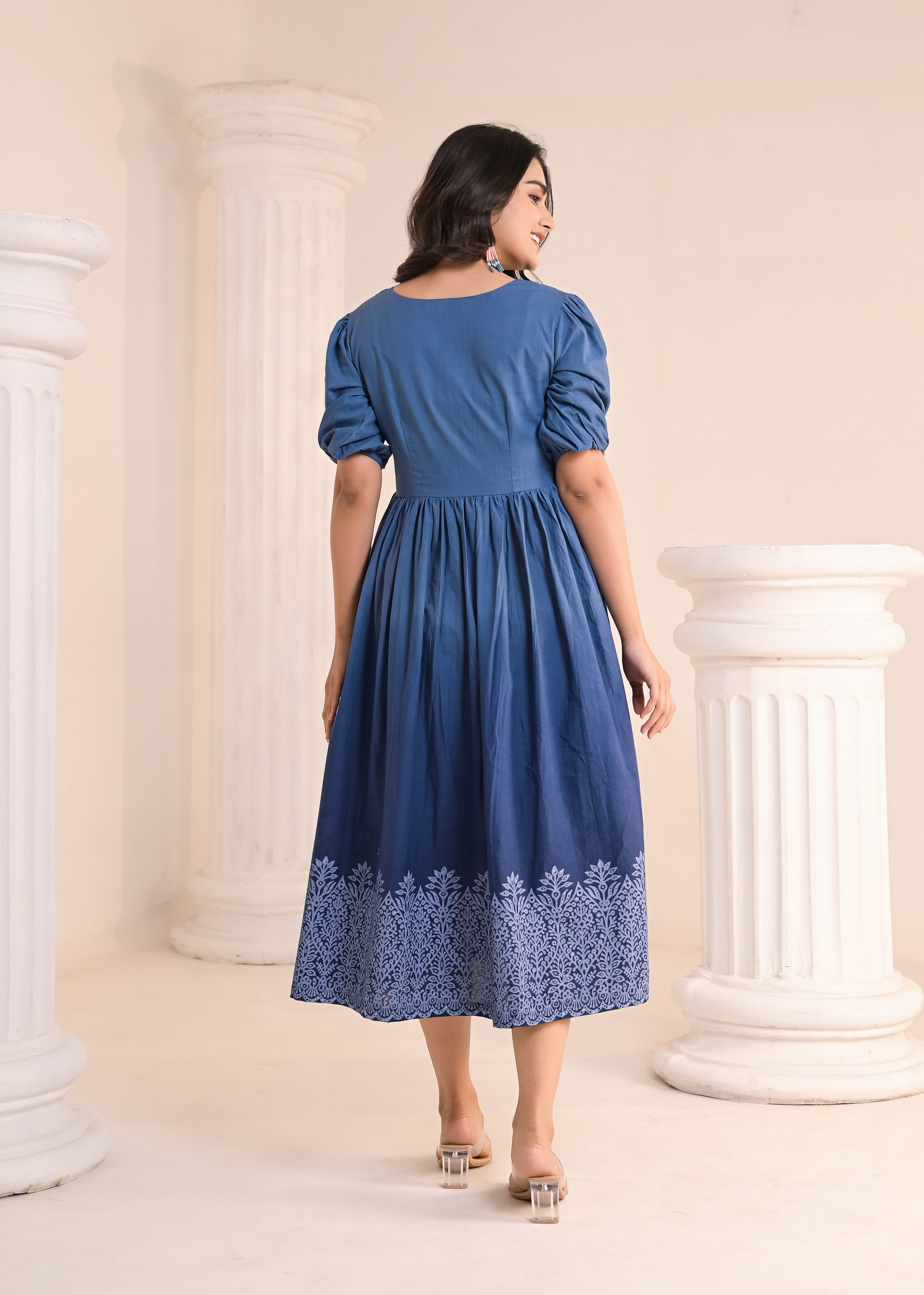 Qala Jaipur Steel Blue Ombre Hand-Block Printed V-Neck Puff Sleeve Midi Dress