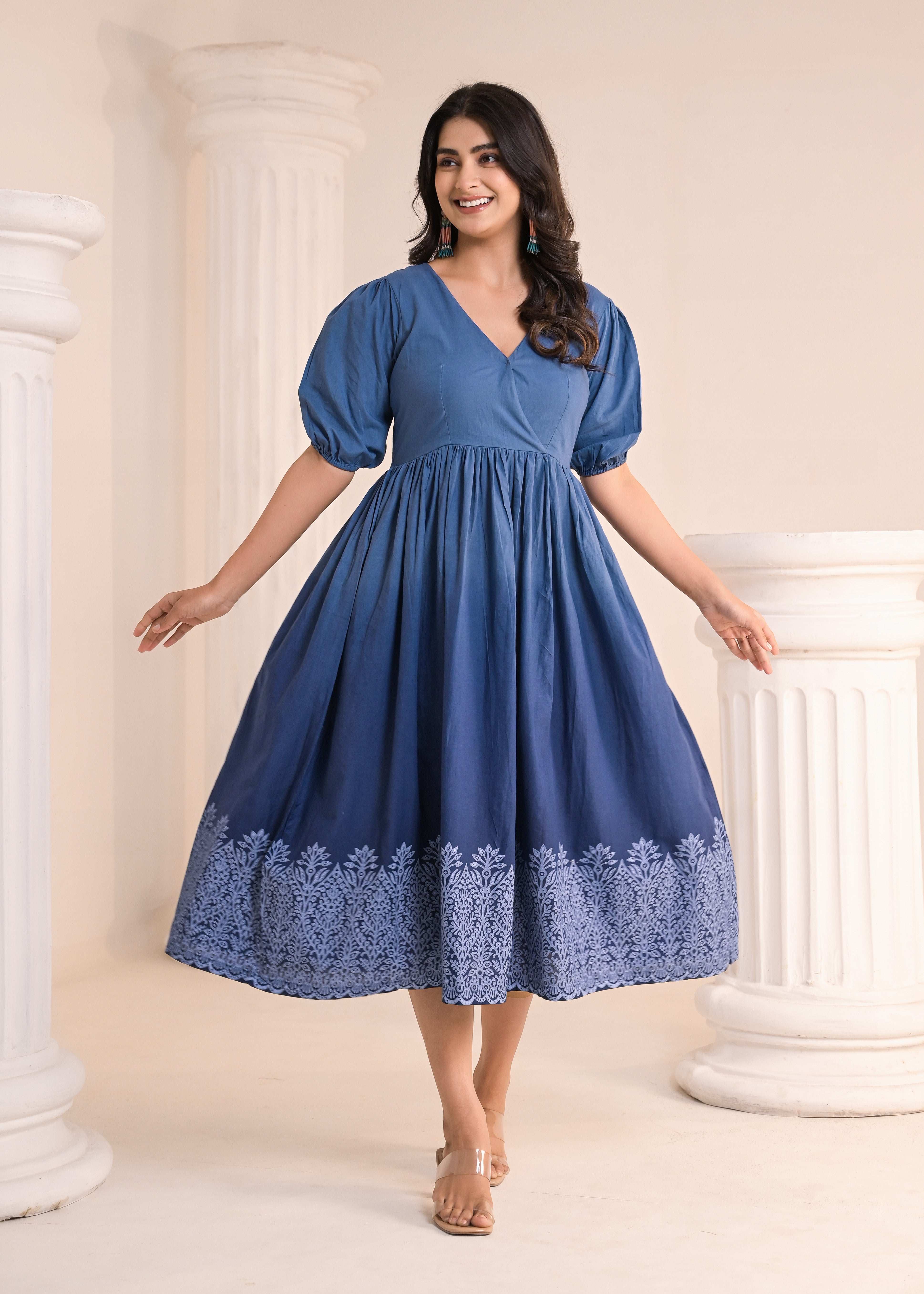 Qala Jaipur Steel Blue Ombre Hand-Block Printed V-Neck Puff Sleeve Midi Dress