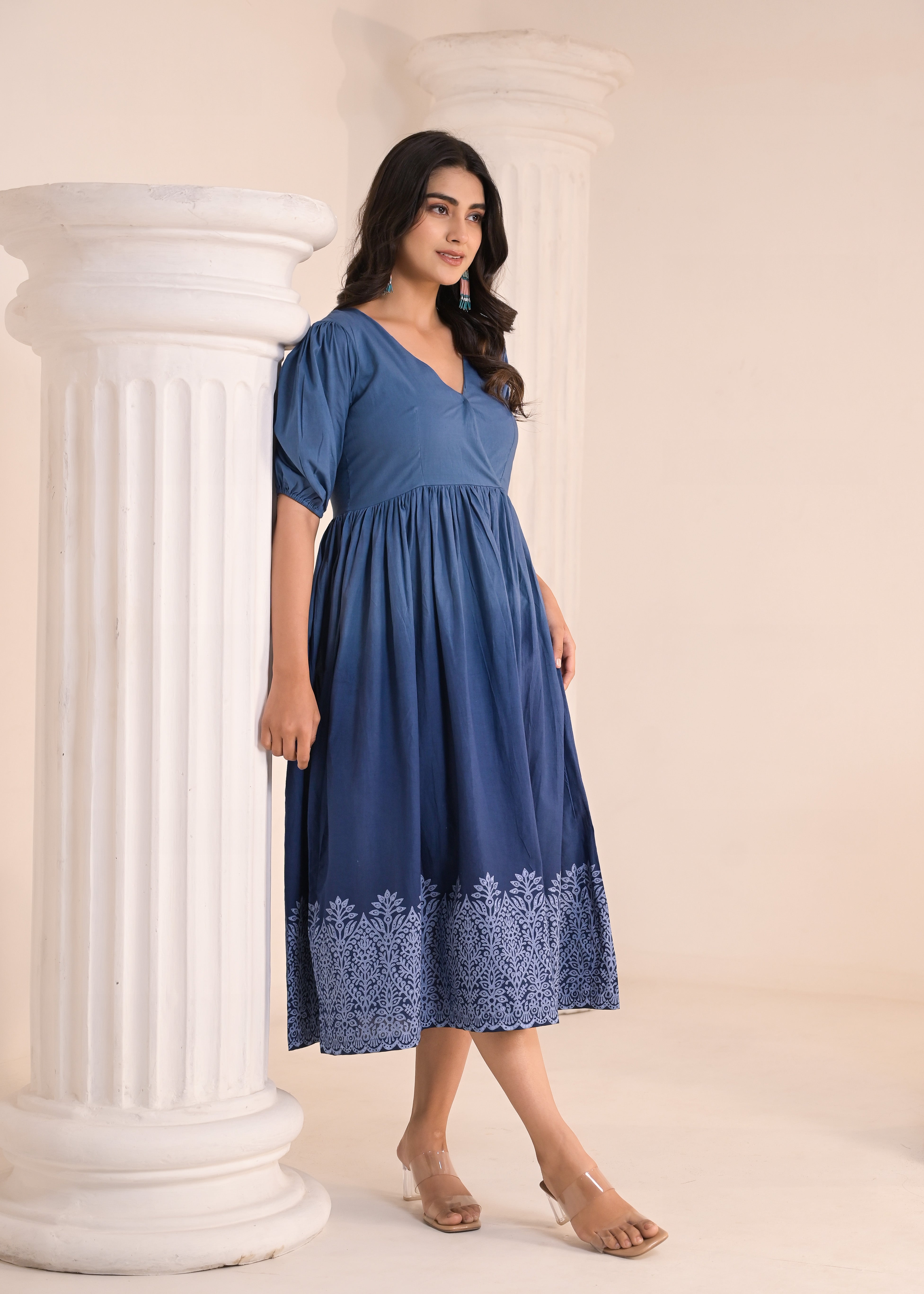 Qala Jaipur Steel Blue Ombre Hand-Block Printed V-Neck Puff Sleeve Midi Dress