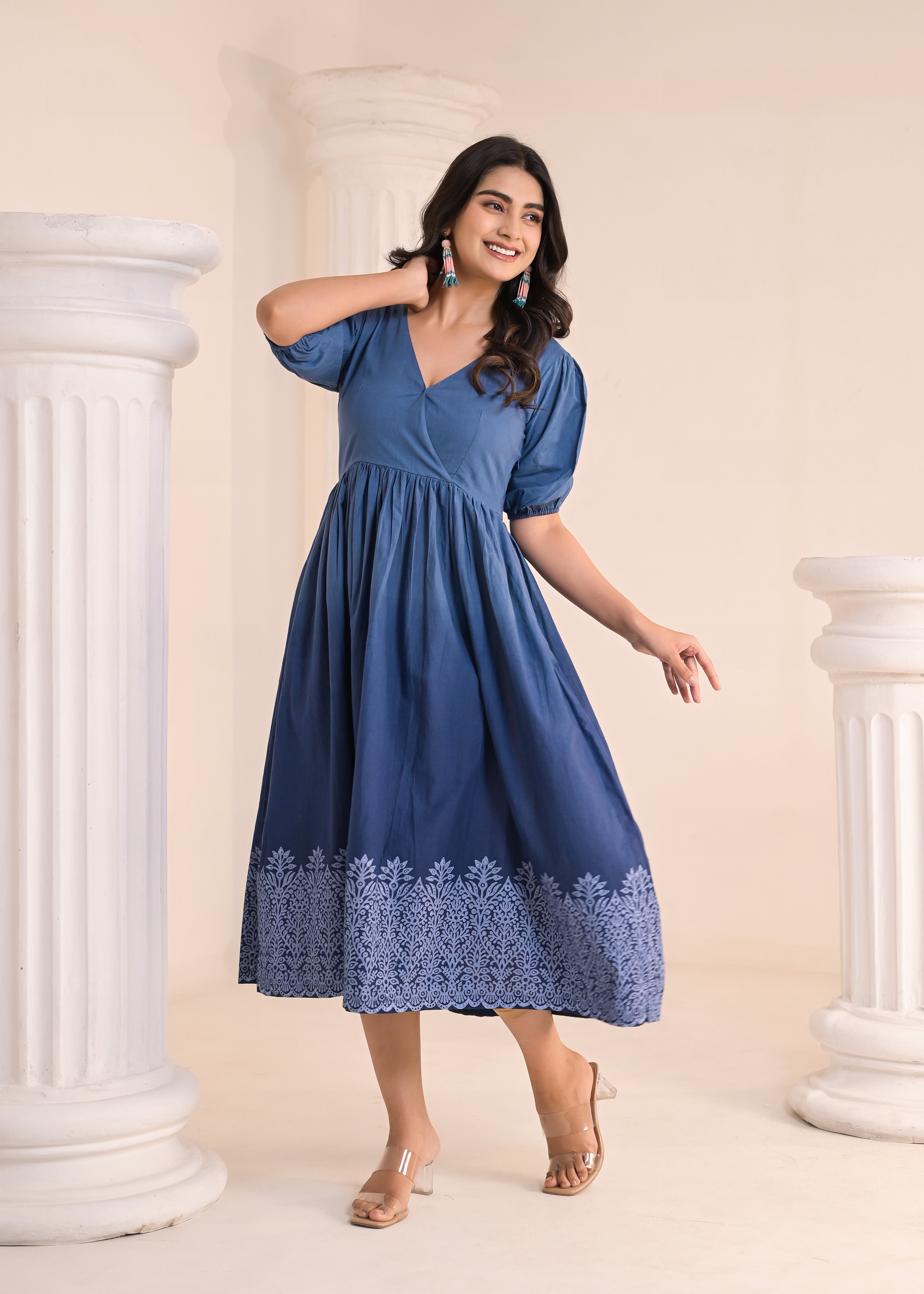 Qala Jaipur Steel Blue Ombre Hand-Block Printed V-Neck Puff Sleeve Midi Dress