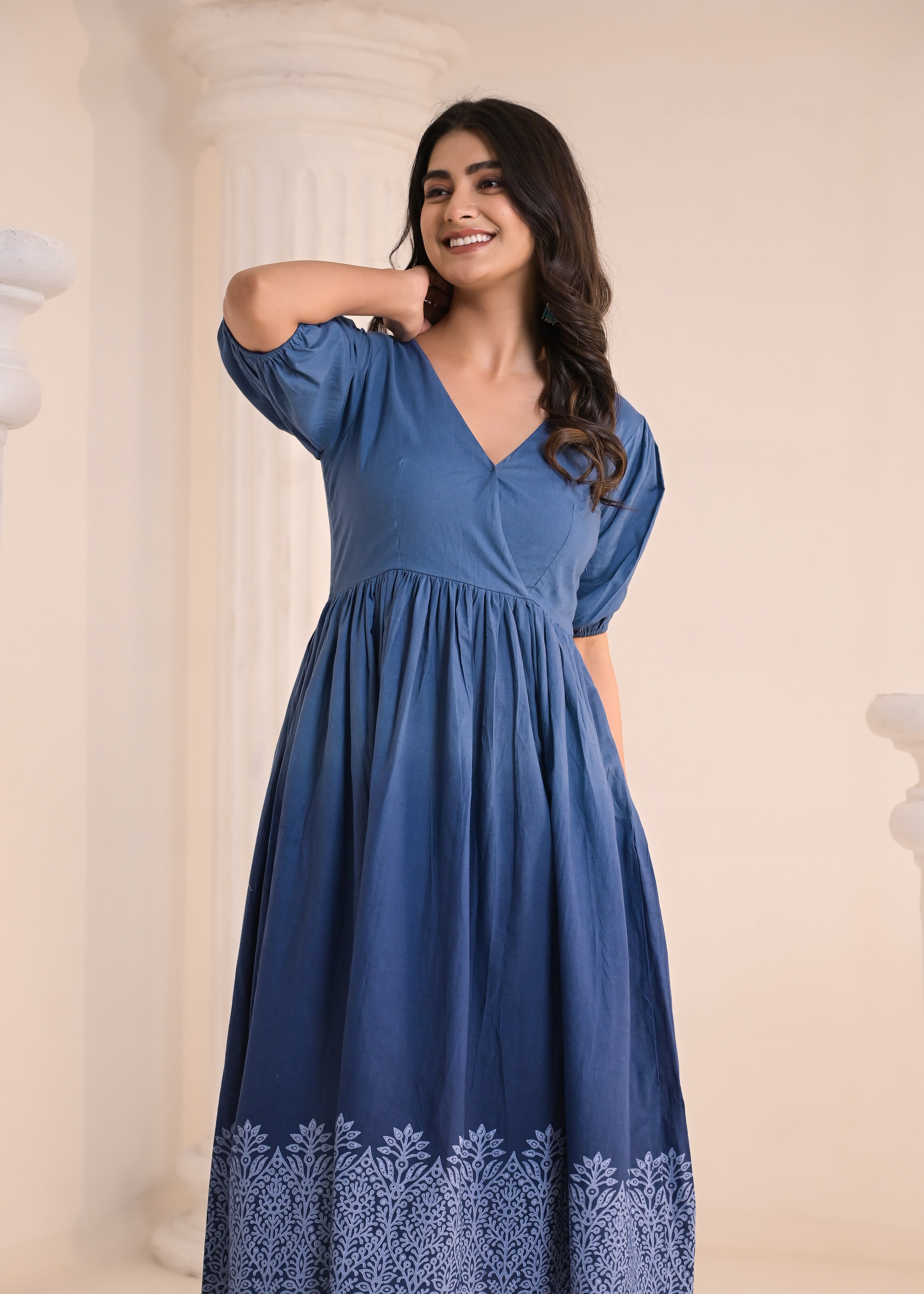 Qala Jaipur Steel Blue Ombre Hand-Block Printed Flutter Sleeve Midi Dress