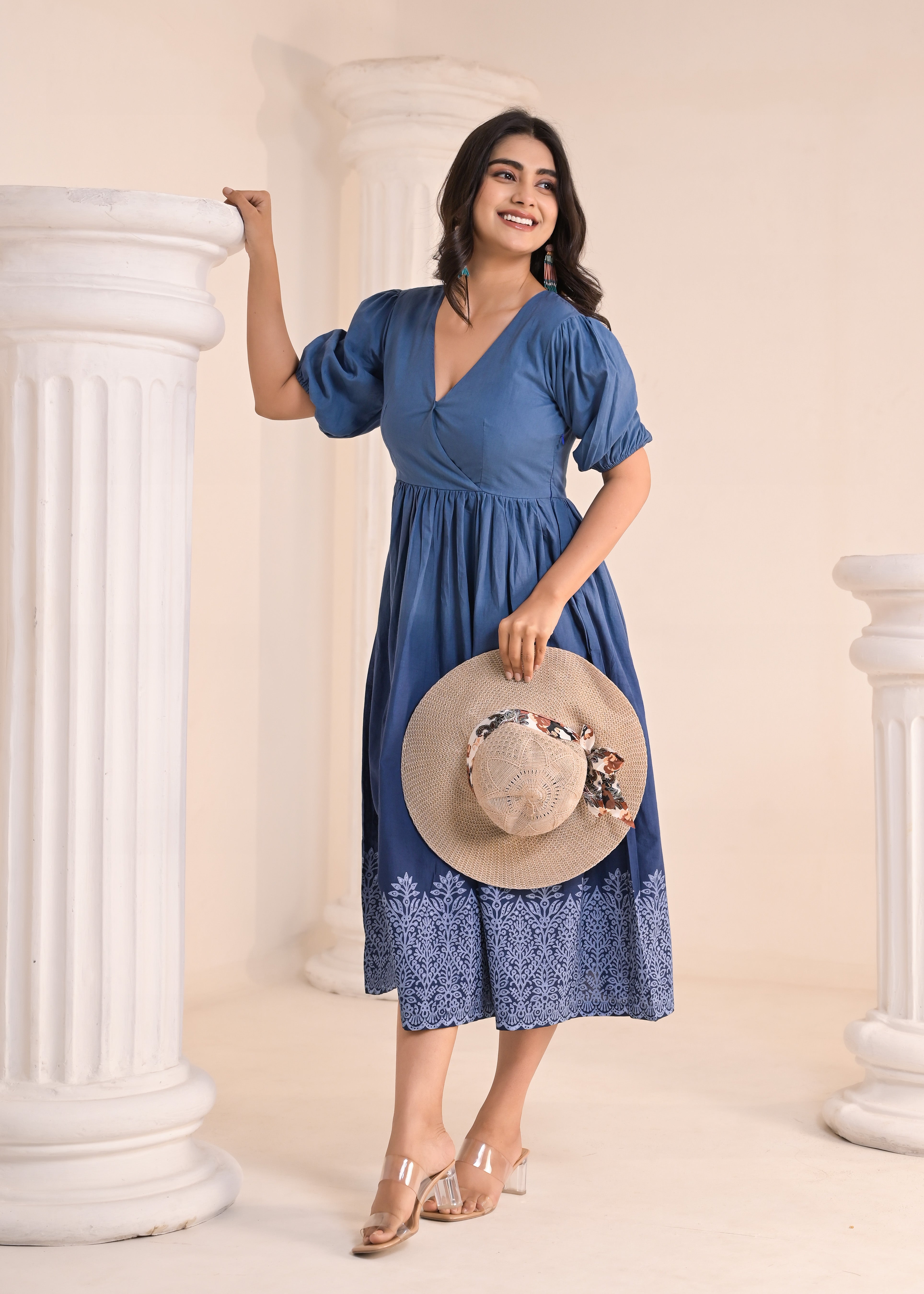 Qala Jaipur Steel Blue Ombre Hand-Block Printed Flutter Sleeve Midi Dress