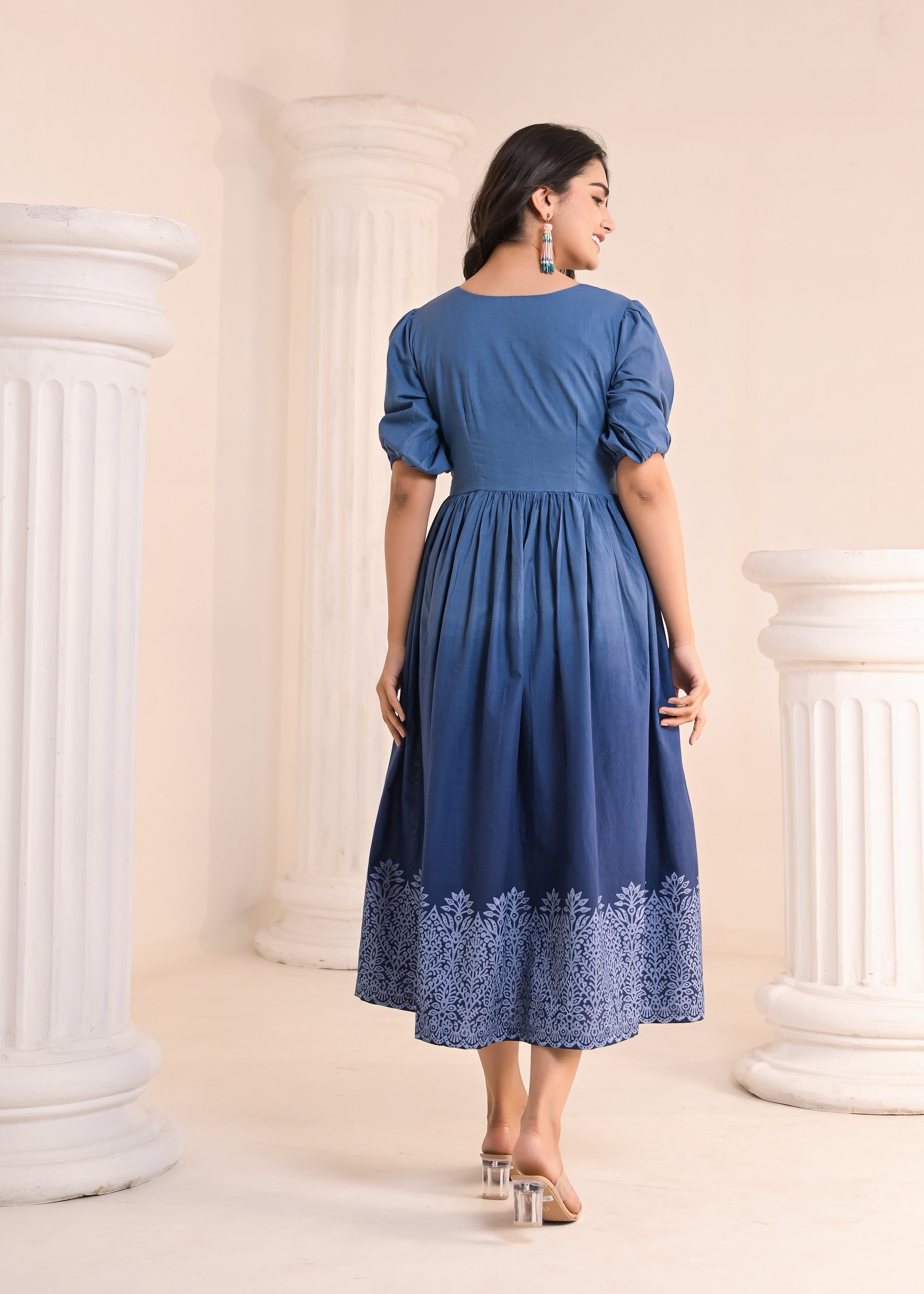 Qala Jaipur Steel Blue Ombre Hand-Block Printed Square Neck Puff Sleeve Midi Dress