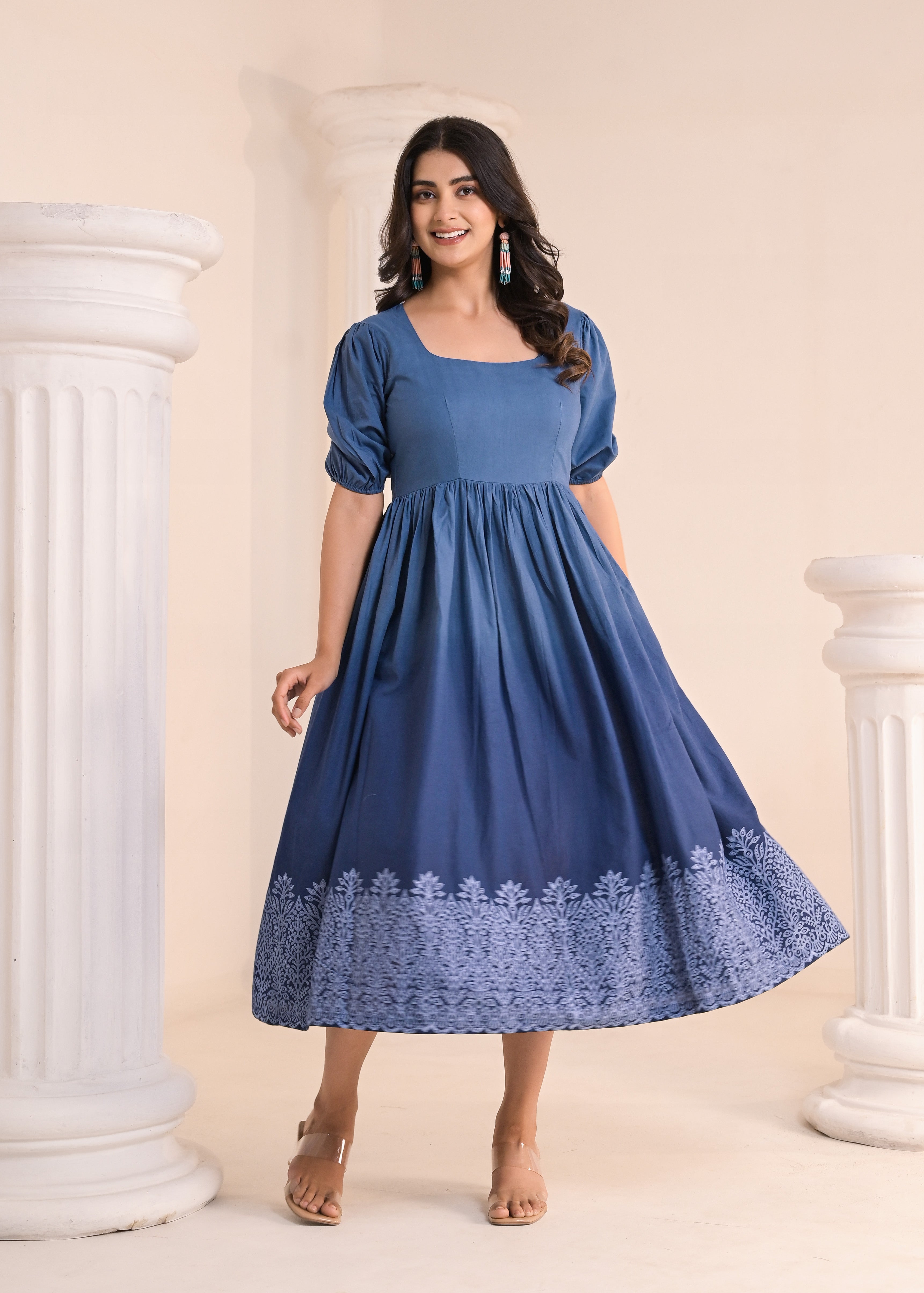 Qala Jaipur Steel Blue Ombre Hand-Block Printed Square Neck Puff Sleeve Midi Dress