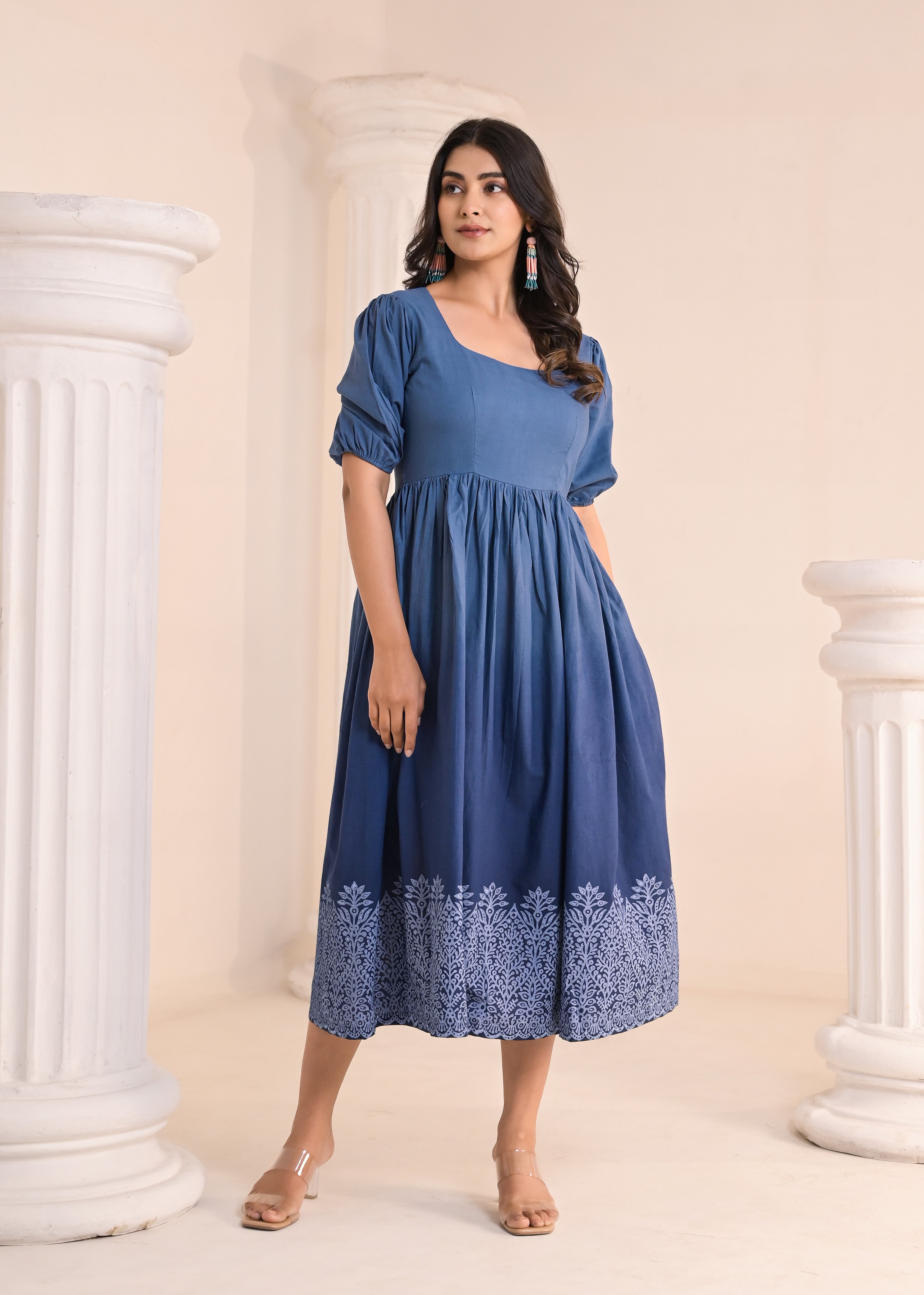 Qala Jaipur Steel Blue Ombre Hand-Block Printed Square Neck Puff Sleeve Midi Dress
