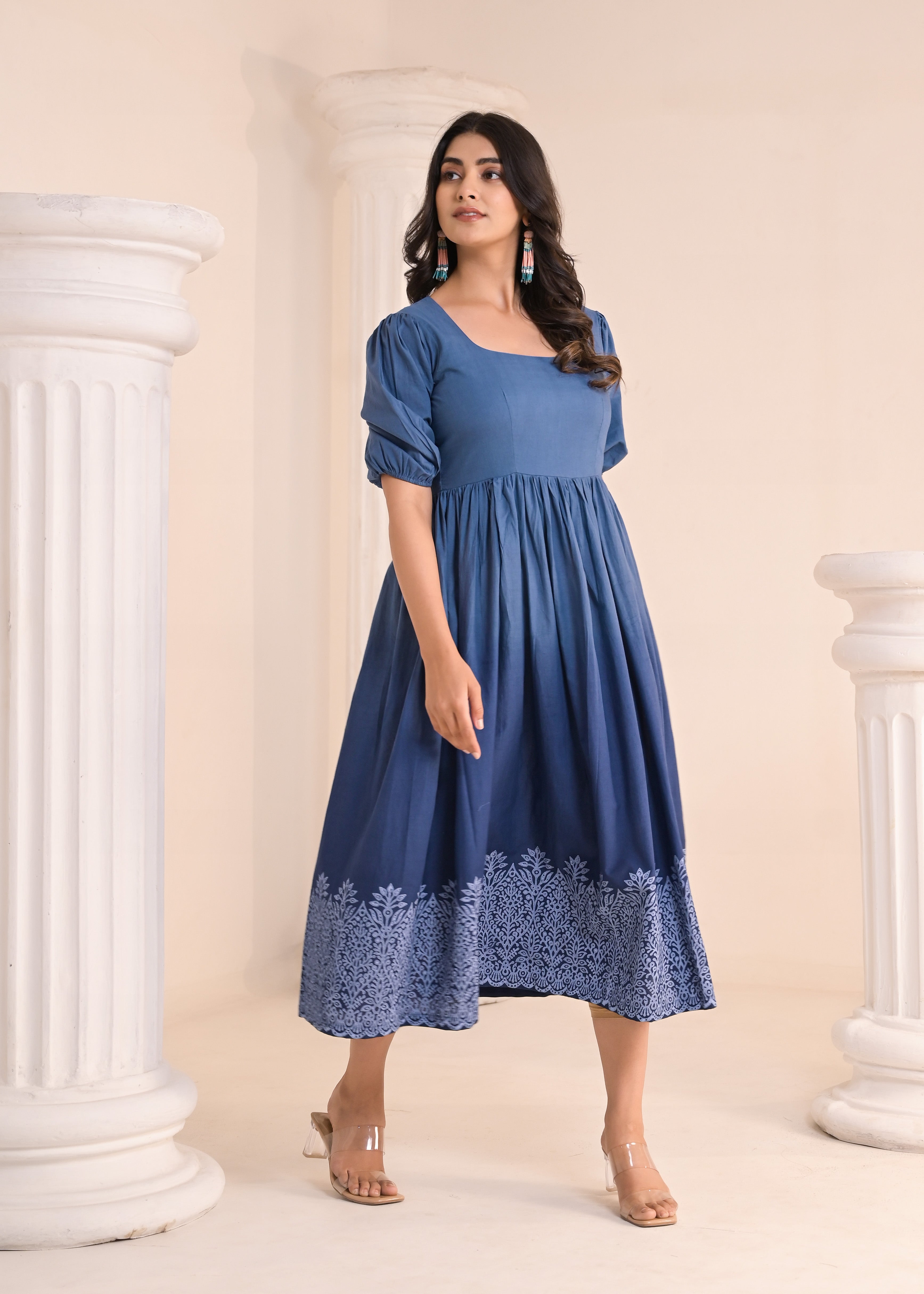 Qala Jaipur Steel Blue Ombre Hand-Block Printed Square Neck Puff Sleeve Midi Dress