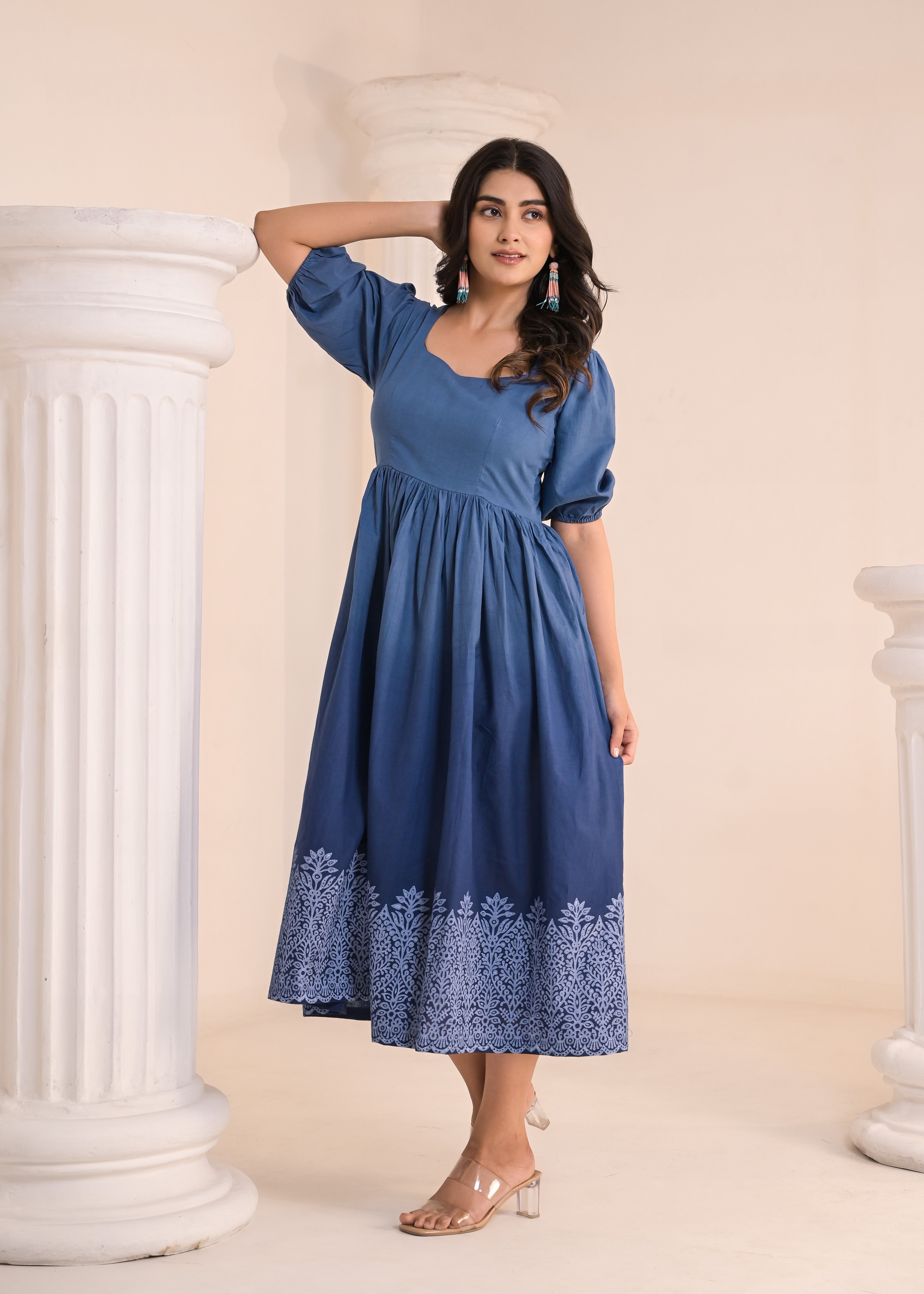 Qala Jaipur Steel Blue Ombre Hand-Block Printed Square Neck Puff Sleeve Midi Dress