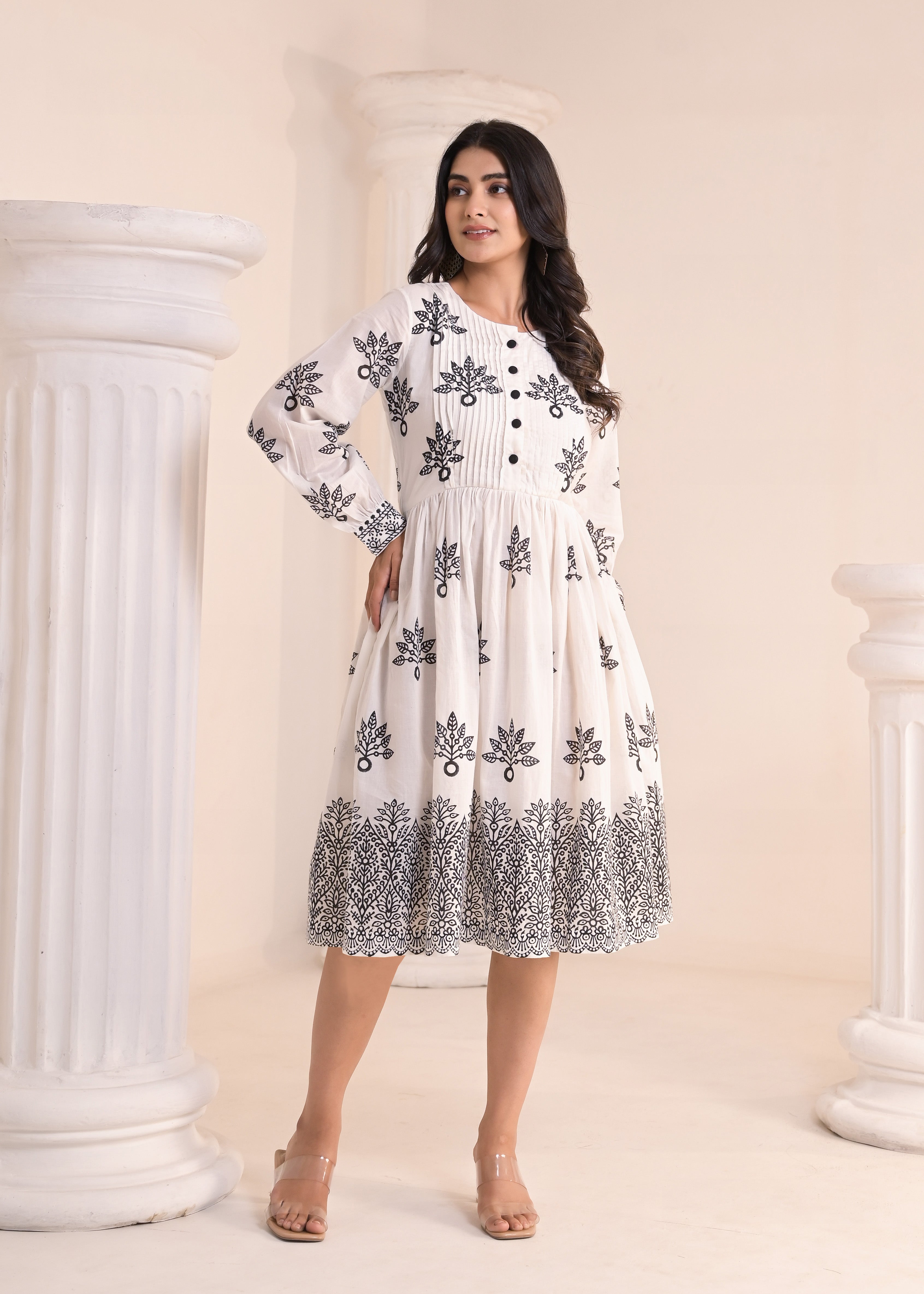 Qala Jaipur White Hand-Block Print Puff Sleeve Cotton Midi Dress