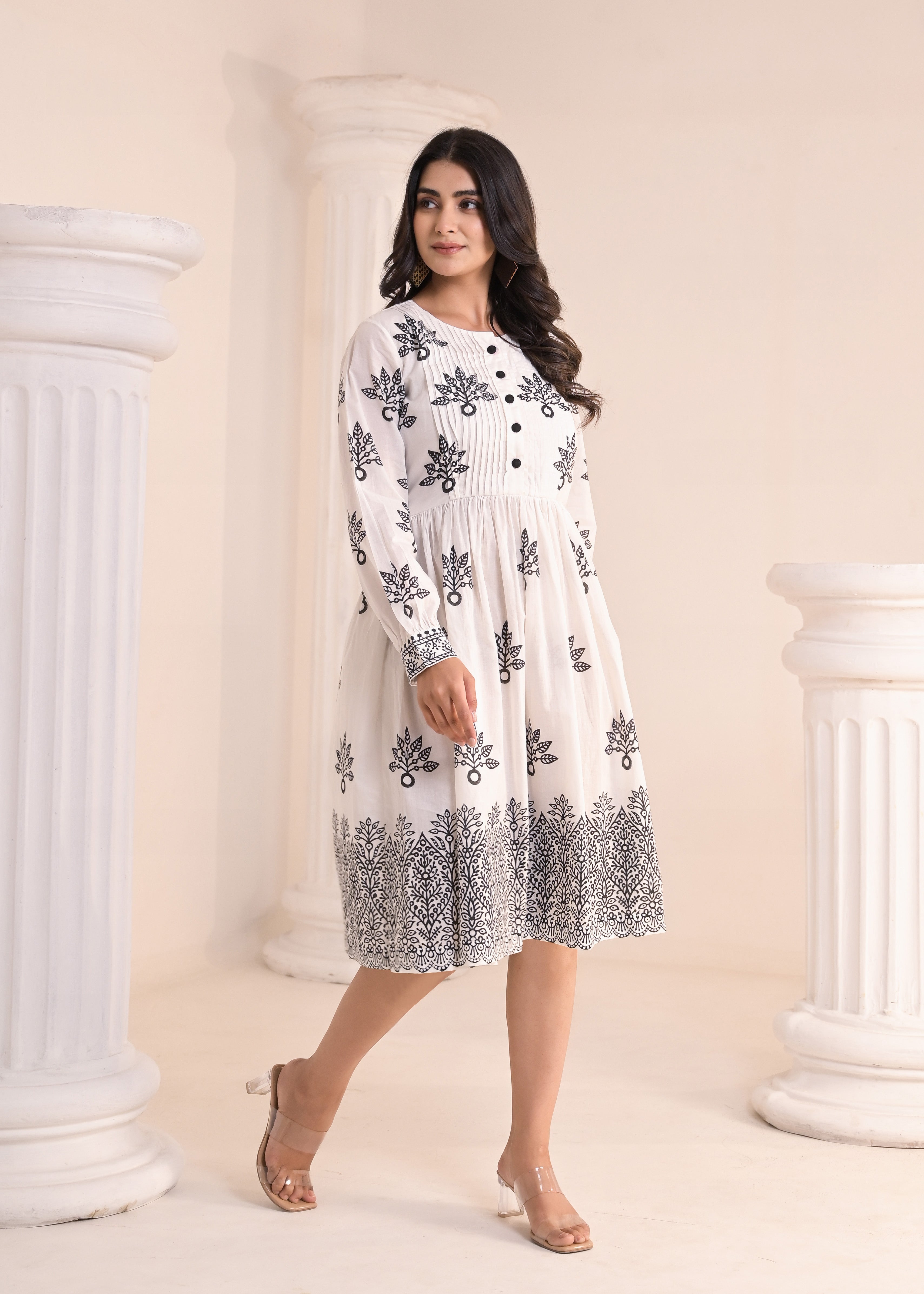 Qala Jaipur White Hand-Block Print Puff Sleeve Cotton Midi Dress
