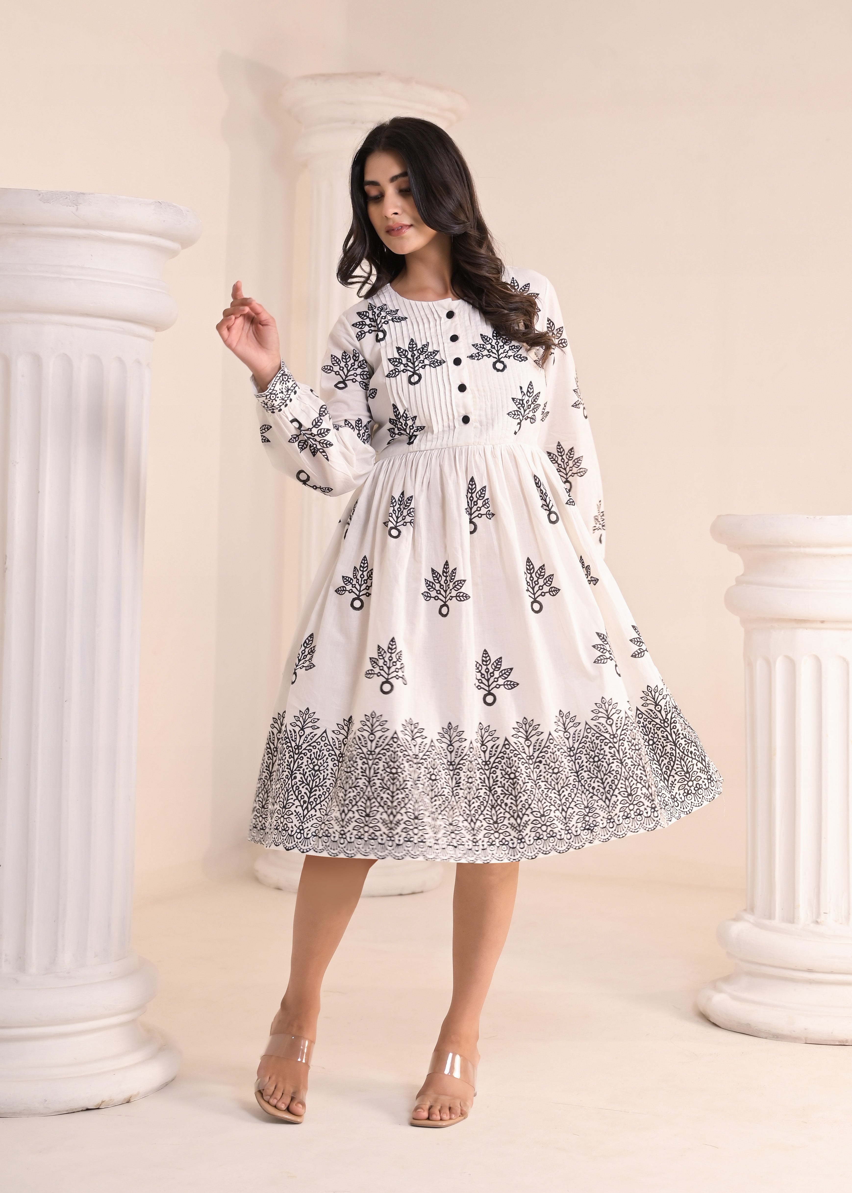 Qala Jaipur white and black hand-block printed tiered cotton dress with pintuck round neckline