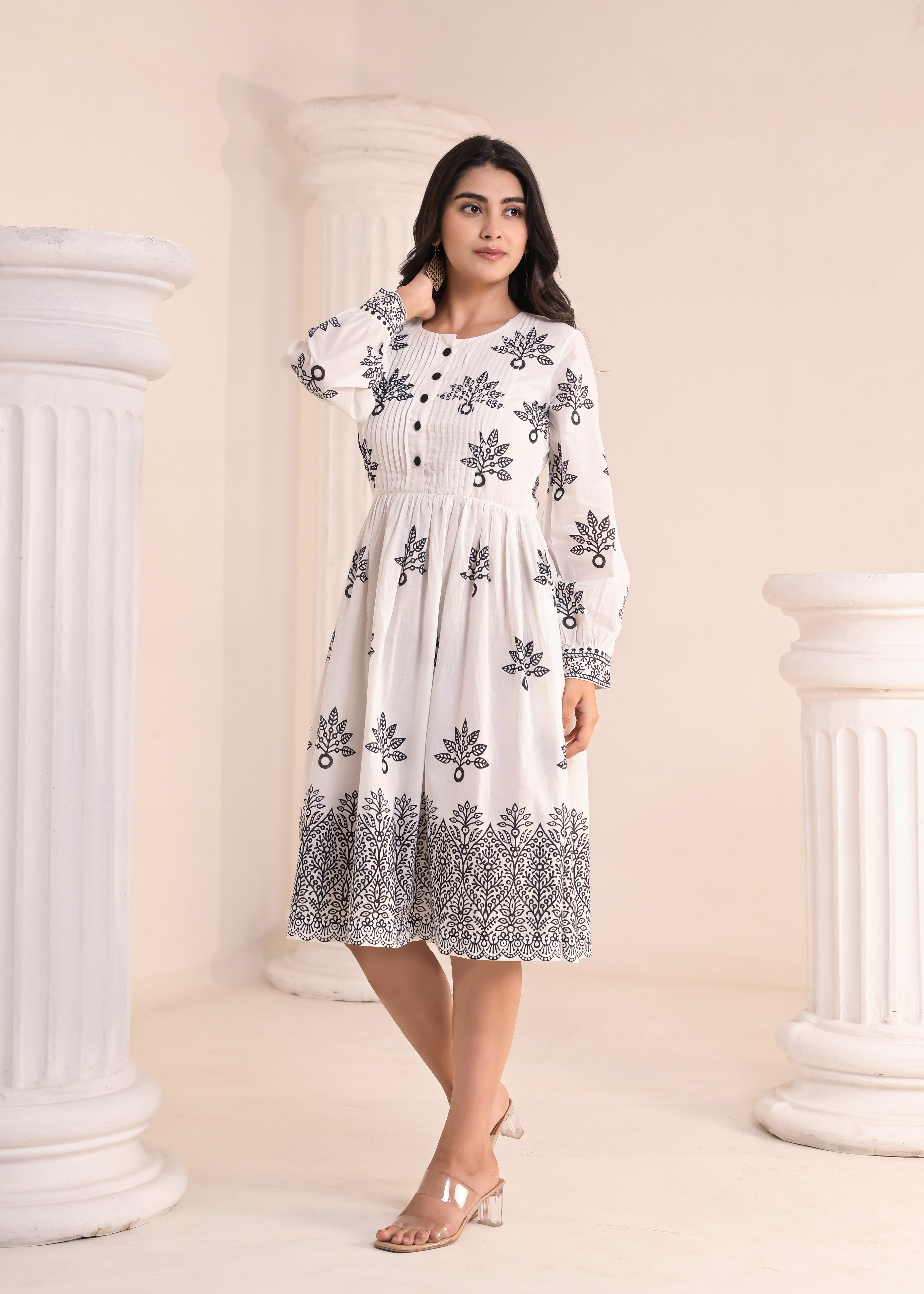 Qala Jaipur White Hand-Block Print Puff Sleeve Cotton Midi Dress