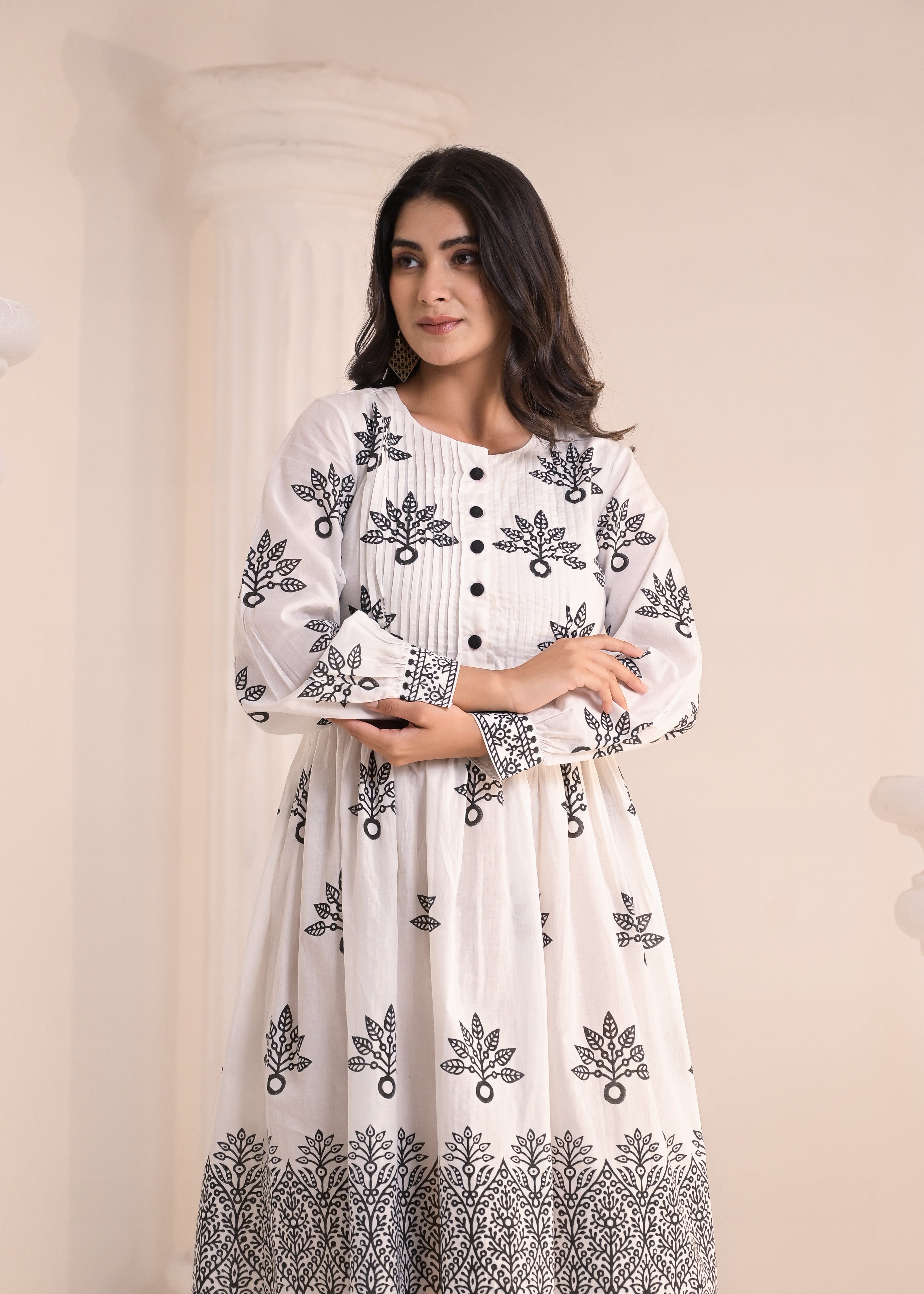 Qala Jaipur White Hand-Block Print Puff Sleeve Cotton Midi Dress