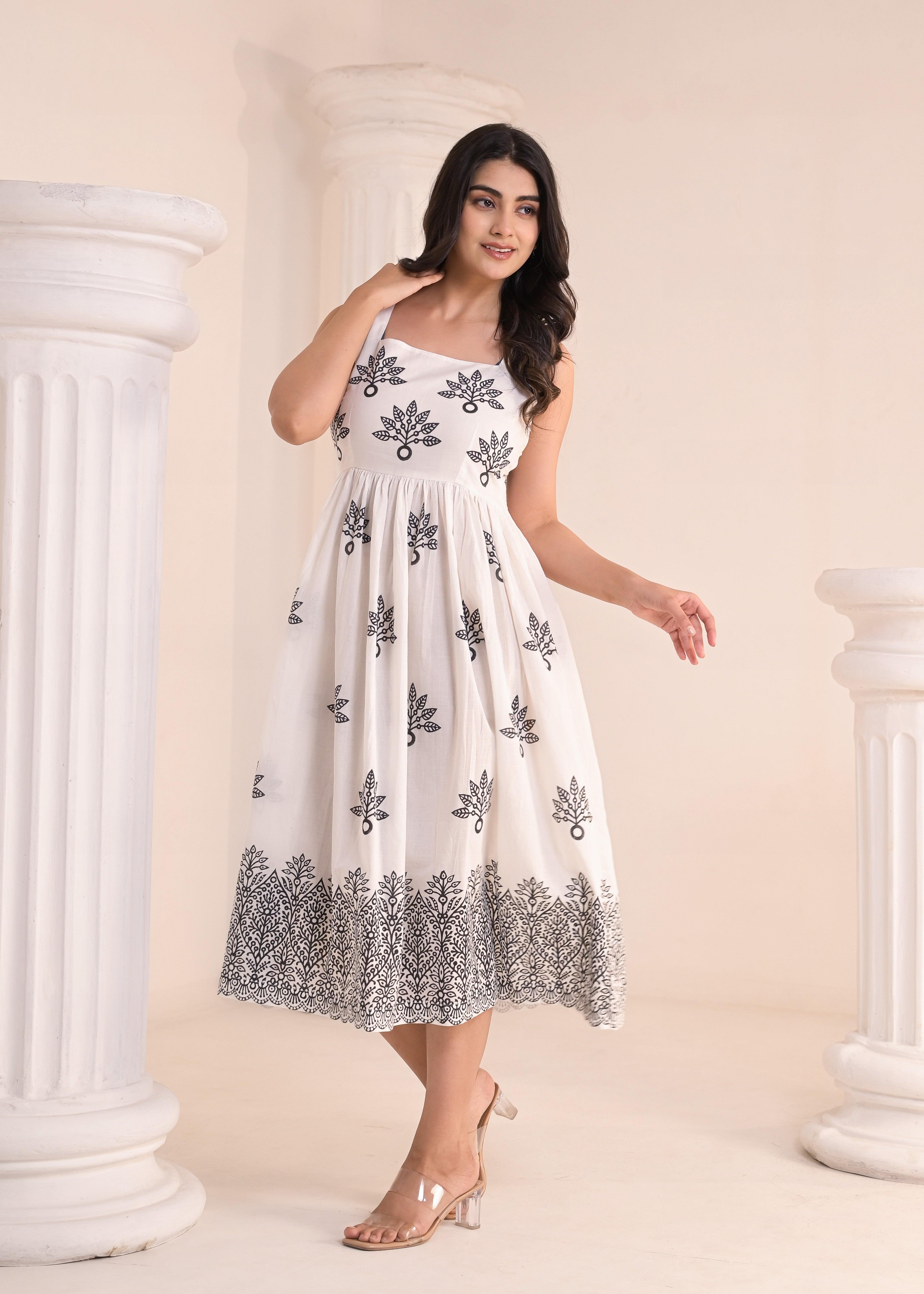 Qala Jaipur White & Black Hand-Block Printed Sleeveless Midi Dress