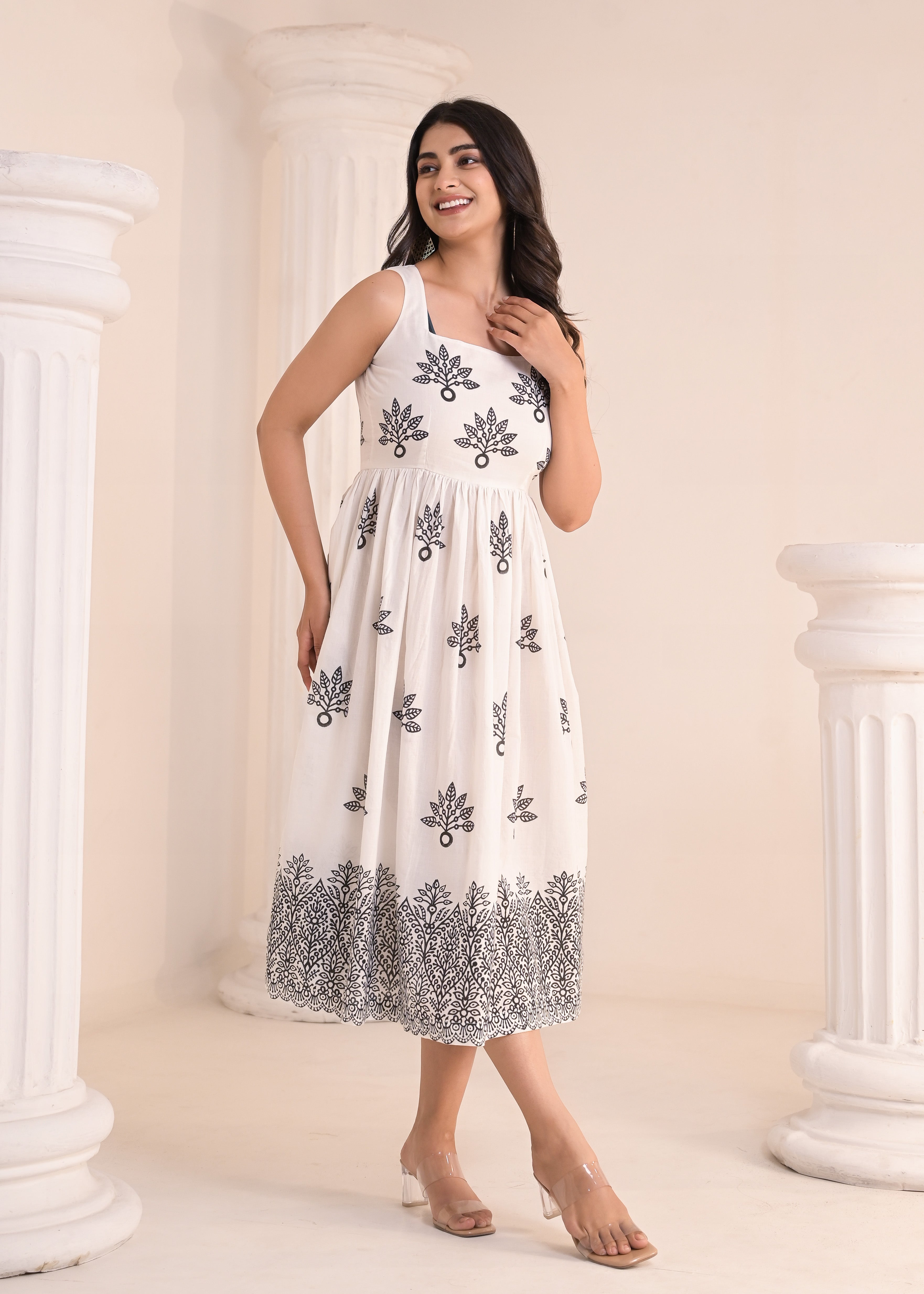 Qala Jaipur White & Black Hand-Block Printed Sleeveless Midi Dress