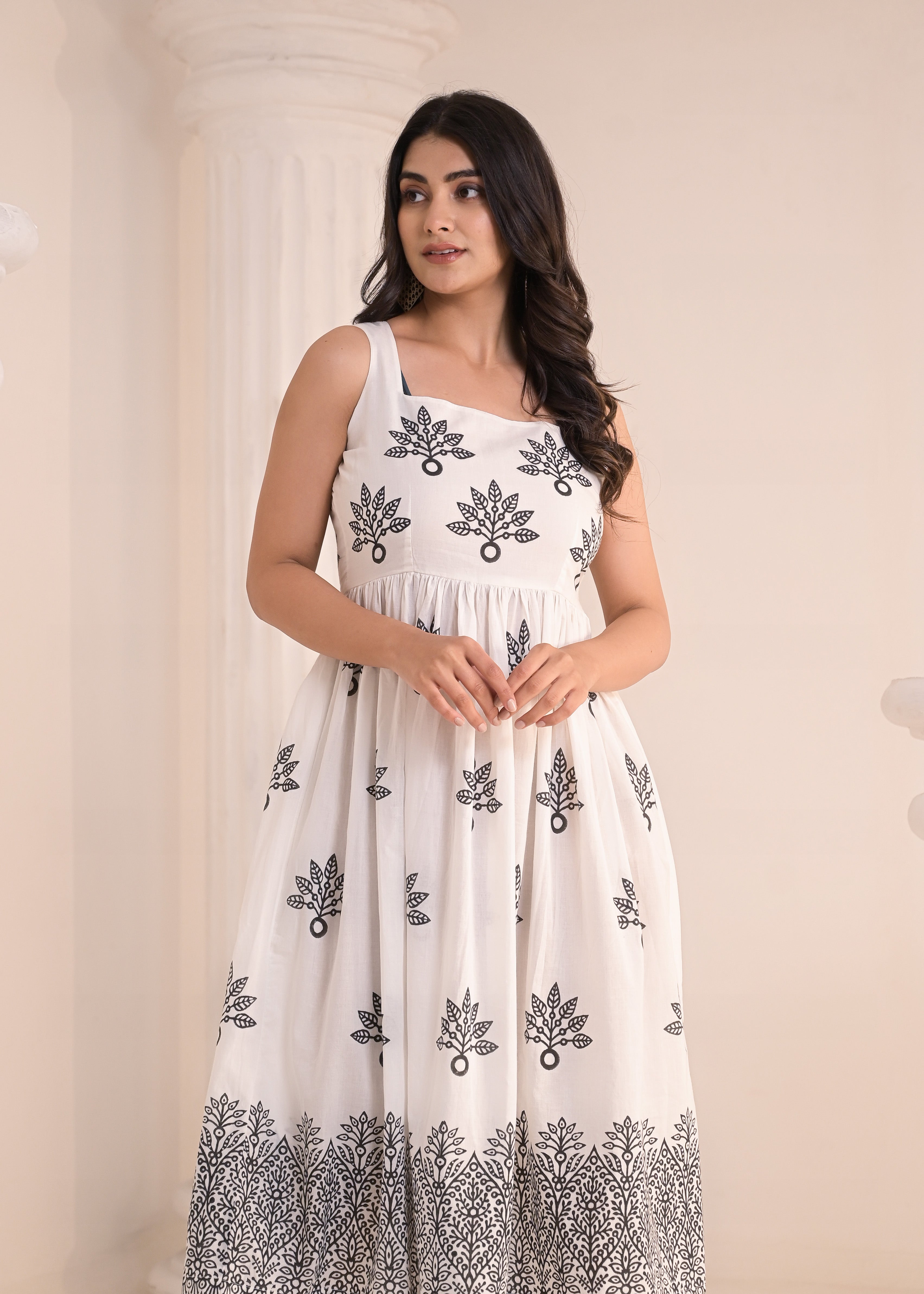 Qala Jaipur White & Black Hand-Block Printed Sleeveless Midi Dress