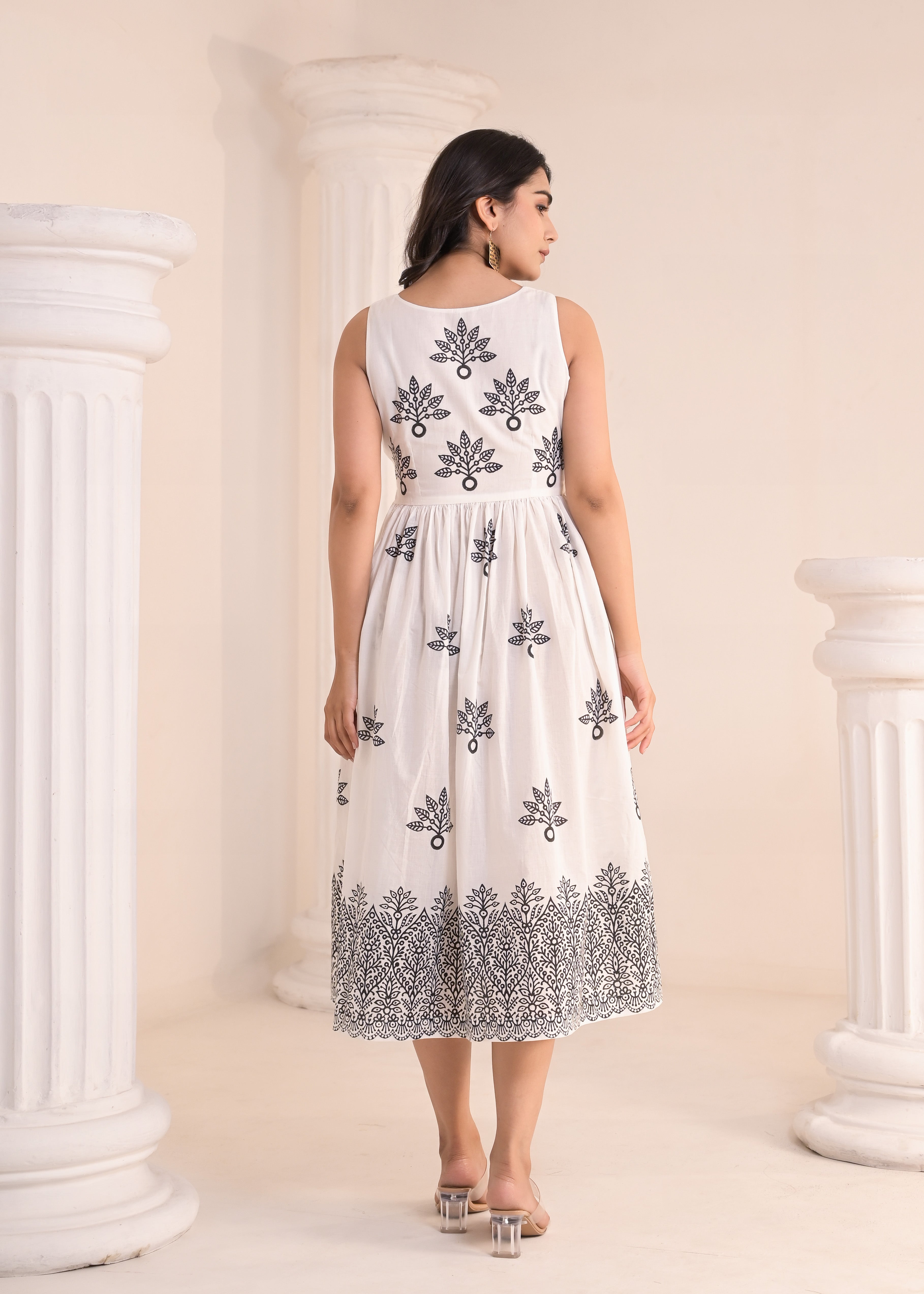 Qala Jaipur White & Black Hand-Block Printed Sleeveless Midi Dress
