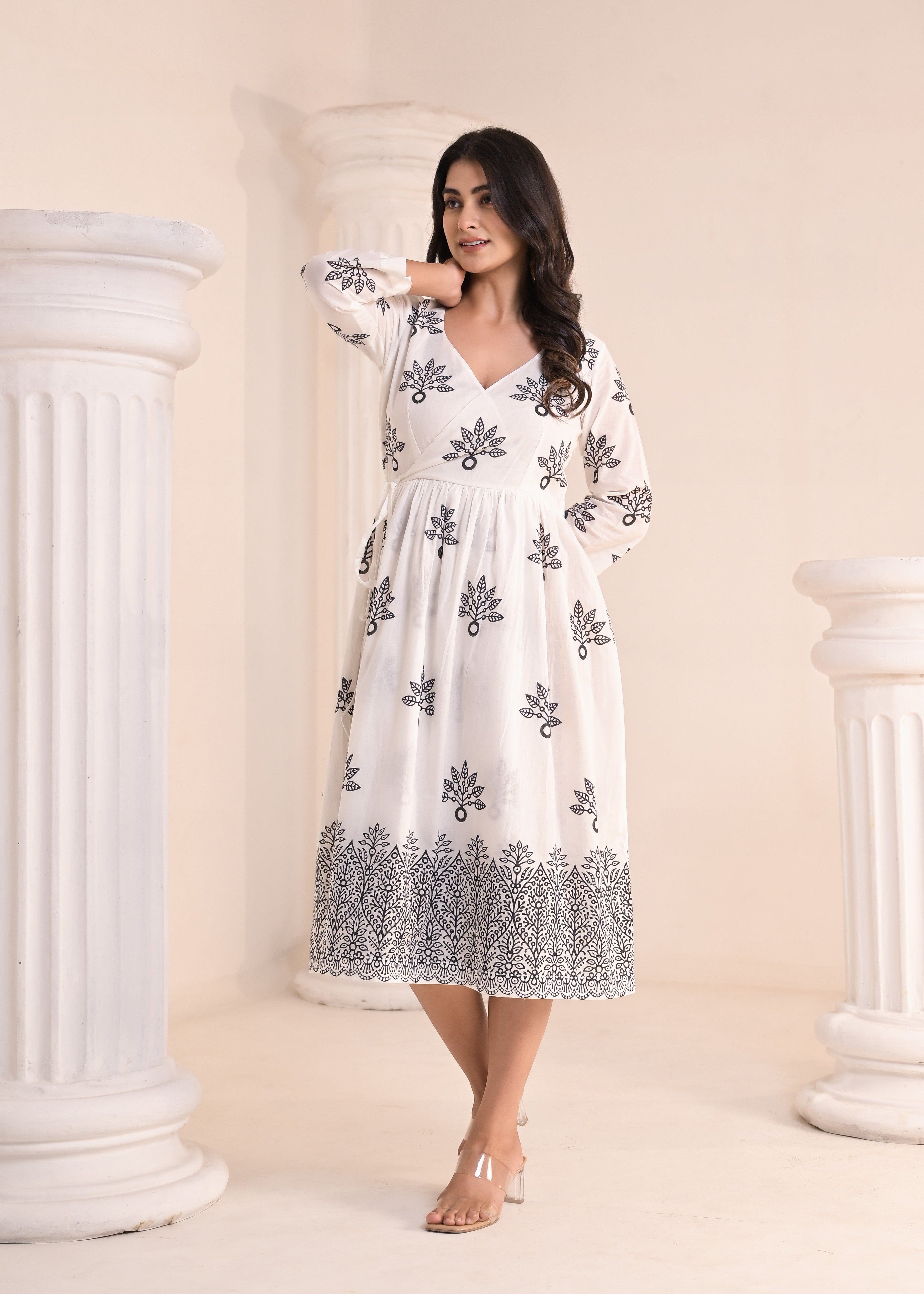Qala Jaipur White & Black Block-Print Quarter Sleeved Dress