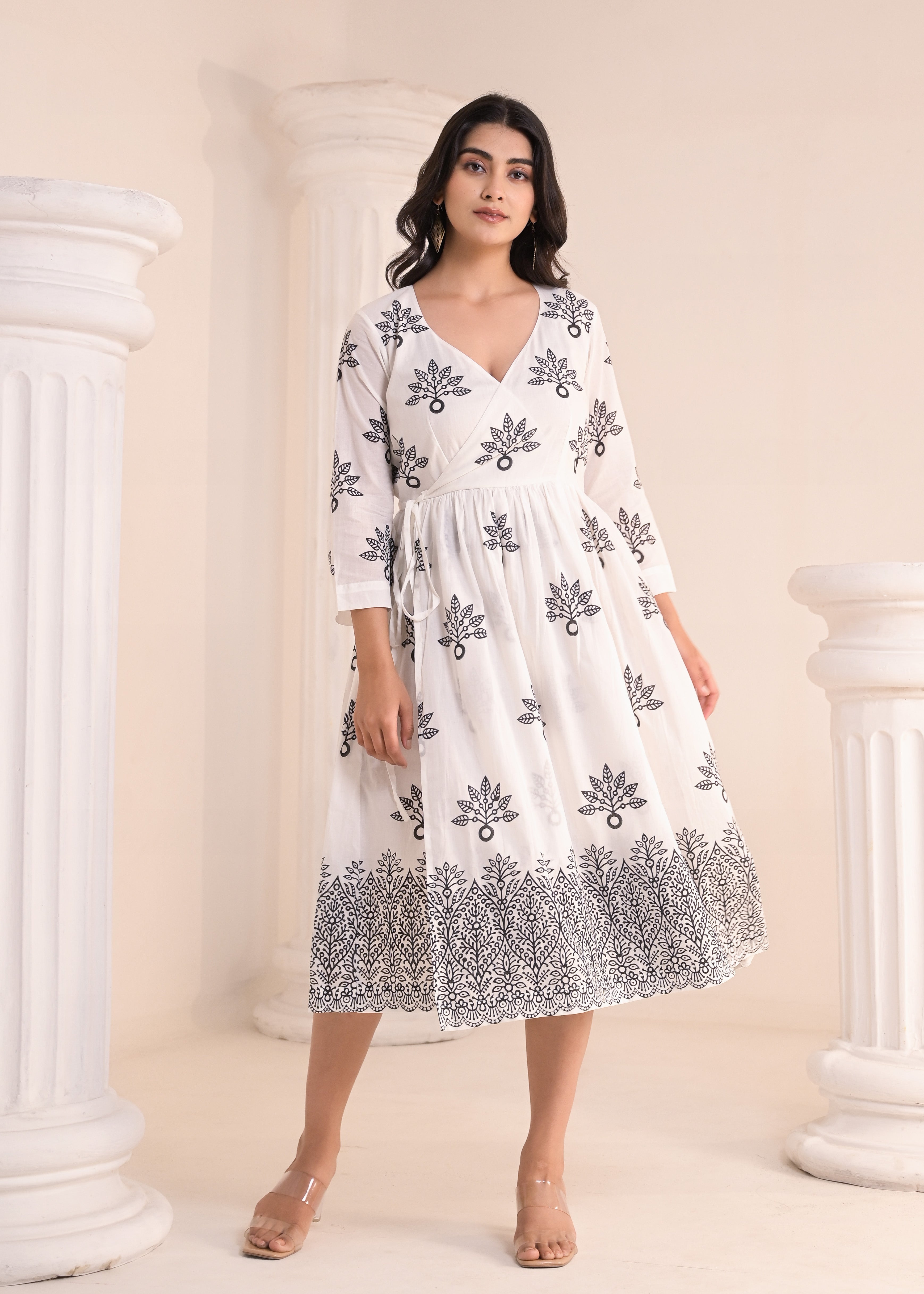 Qala Jaipur White & Black Block-Print Quarter Sleeved Dress