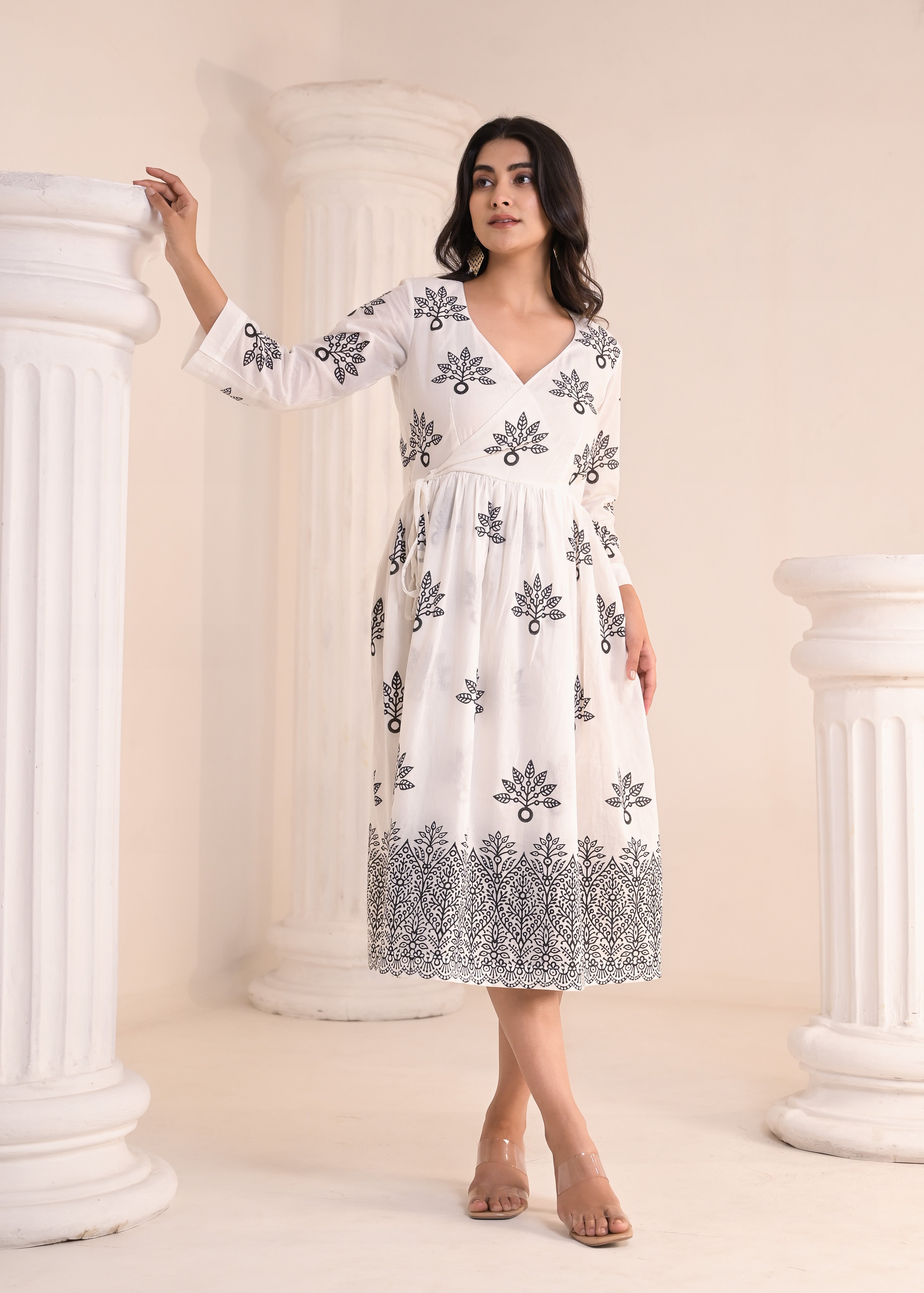 Qala Jaipur White & Black Block-Print Quarter Sleeved Dress