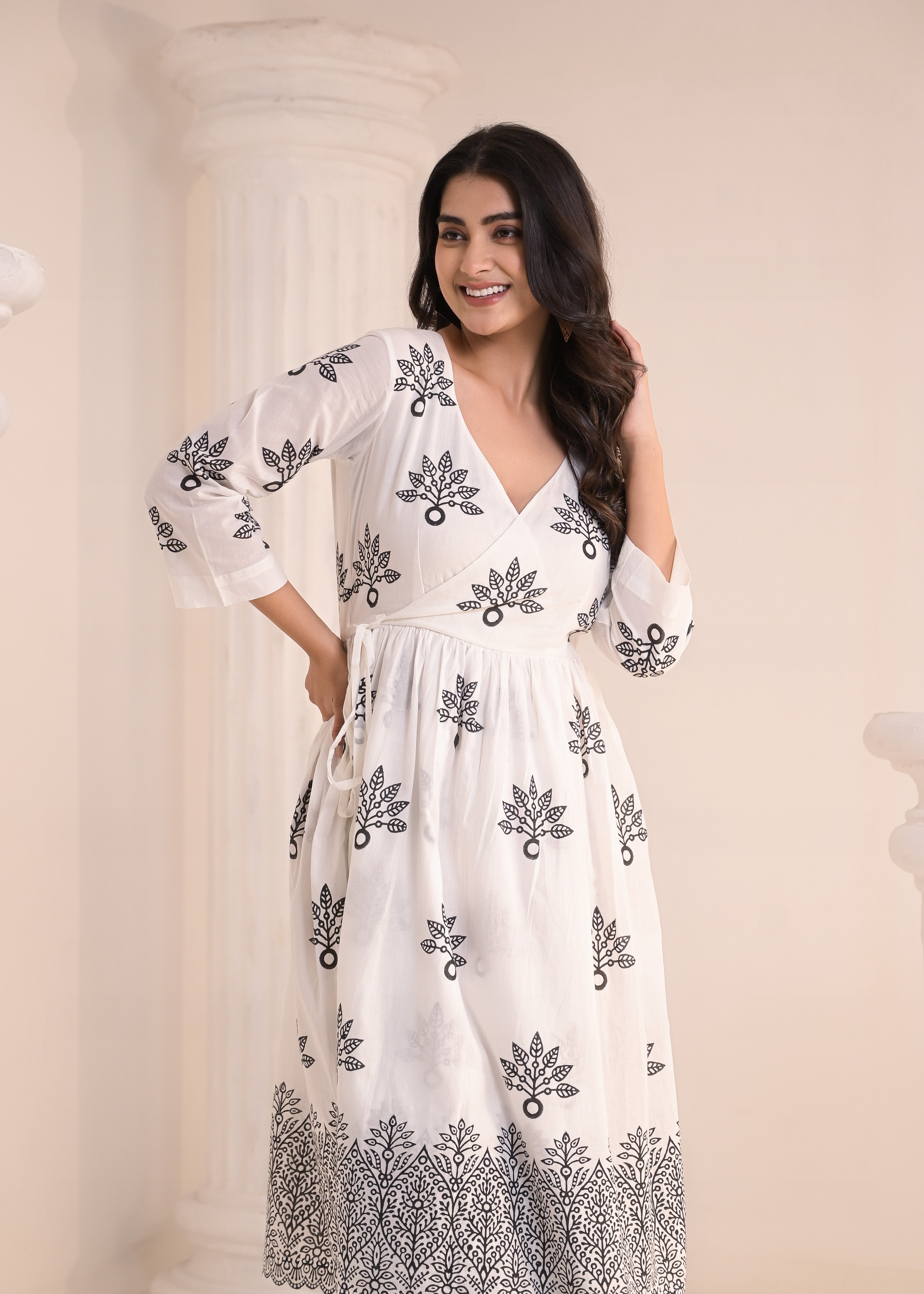 Qala Jaipur White & Black Block-Print Quarter Sleeved Dress
