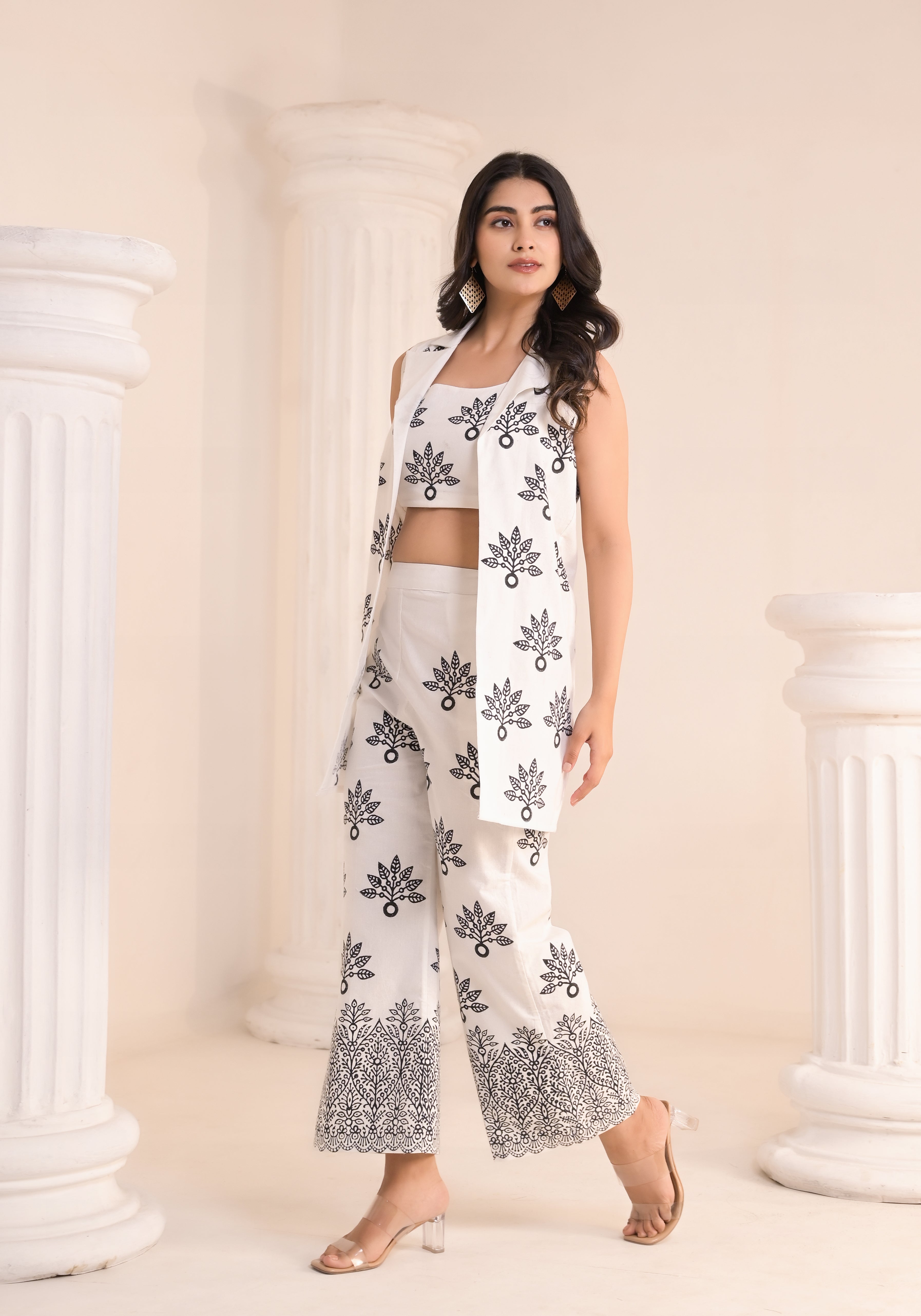 Redefine Our White & Black Hand-Block Printed 3-Piece Co-ord Set