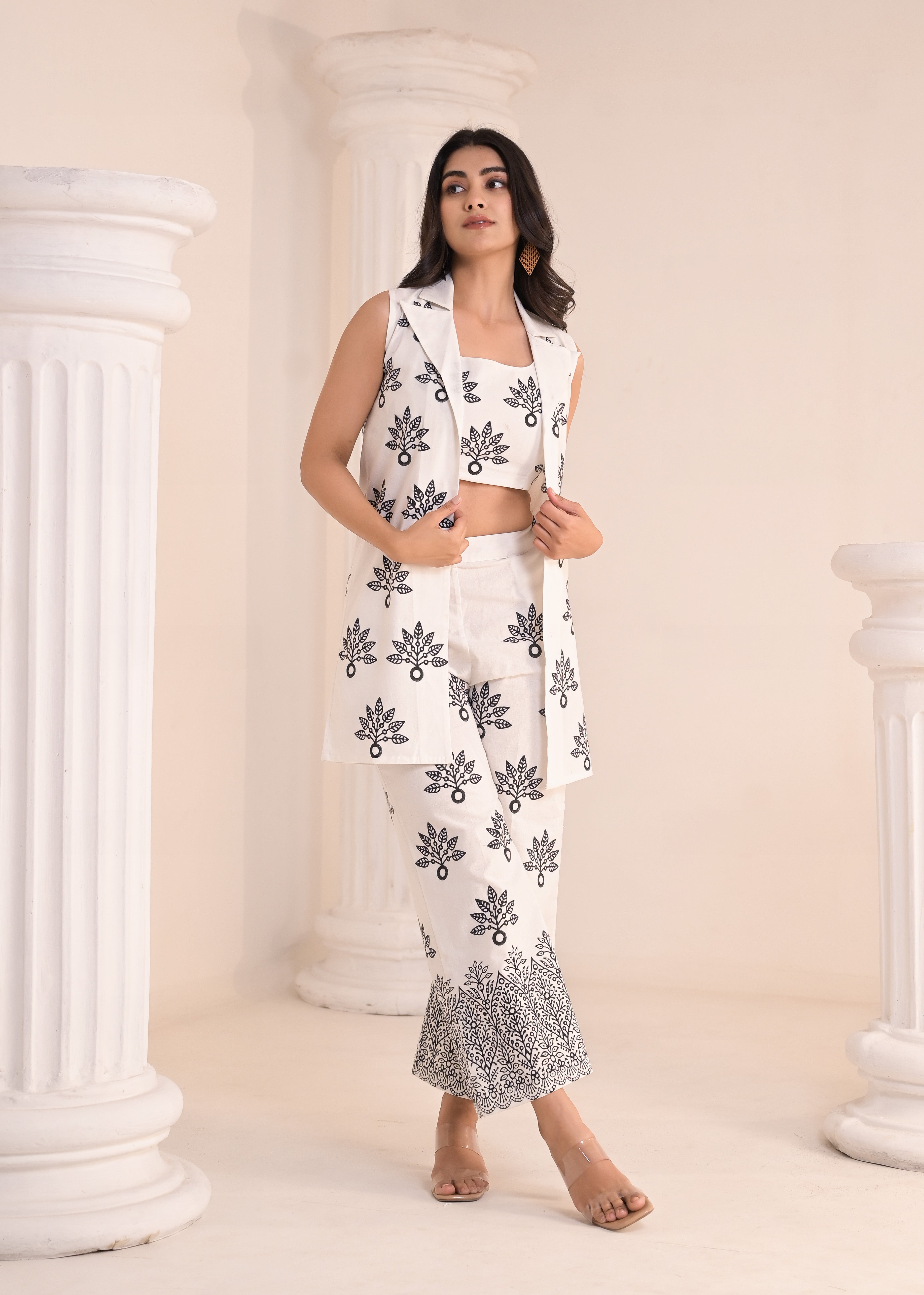 Redefine Our White & Black Hand-Block Printed 3-Piece Co-ord Set