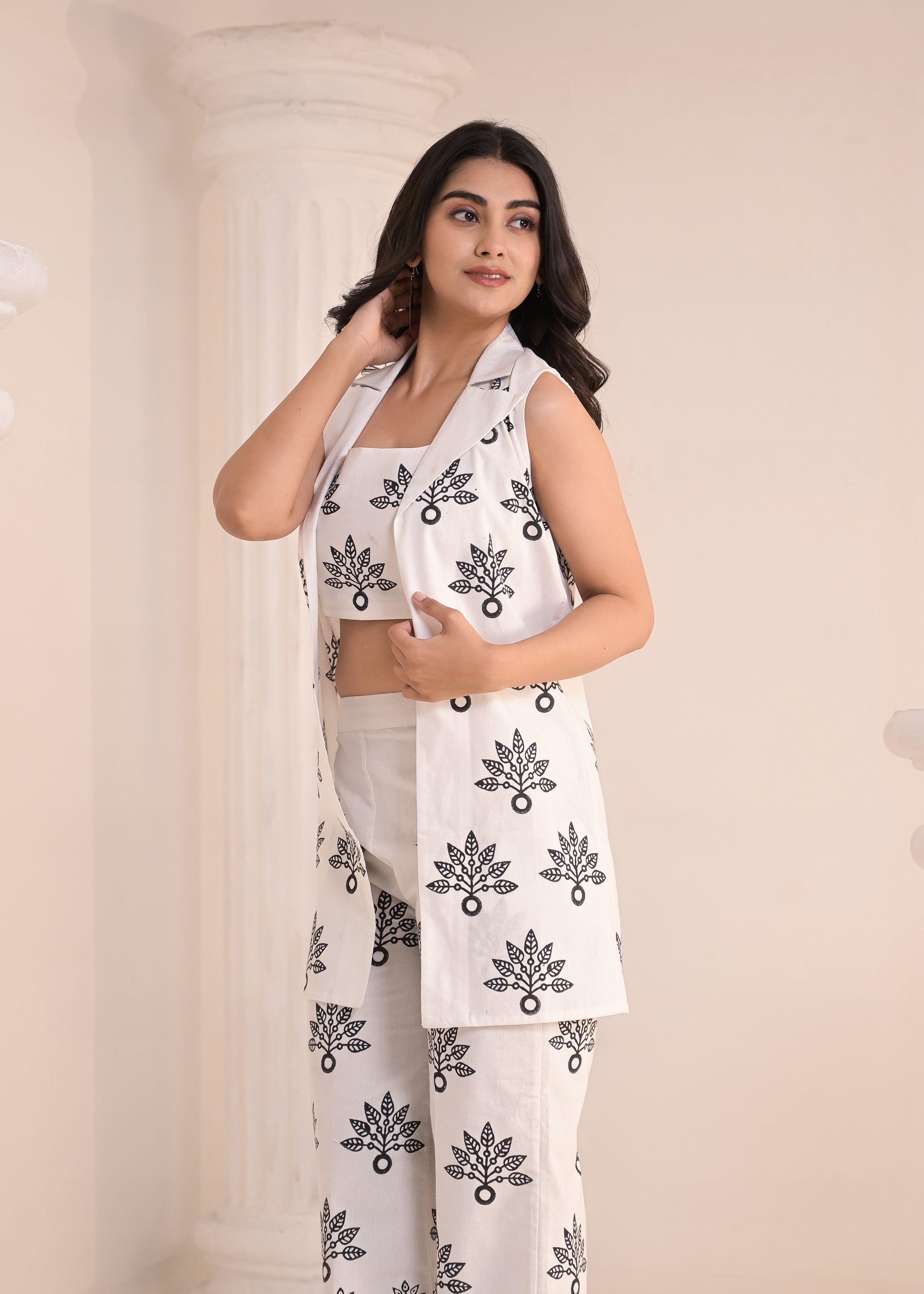 Redefine Our White & Black Hand-Block Printed 3-Piece Co-ord Set