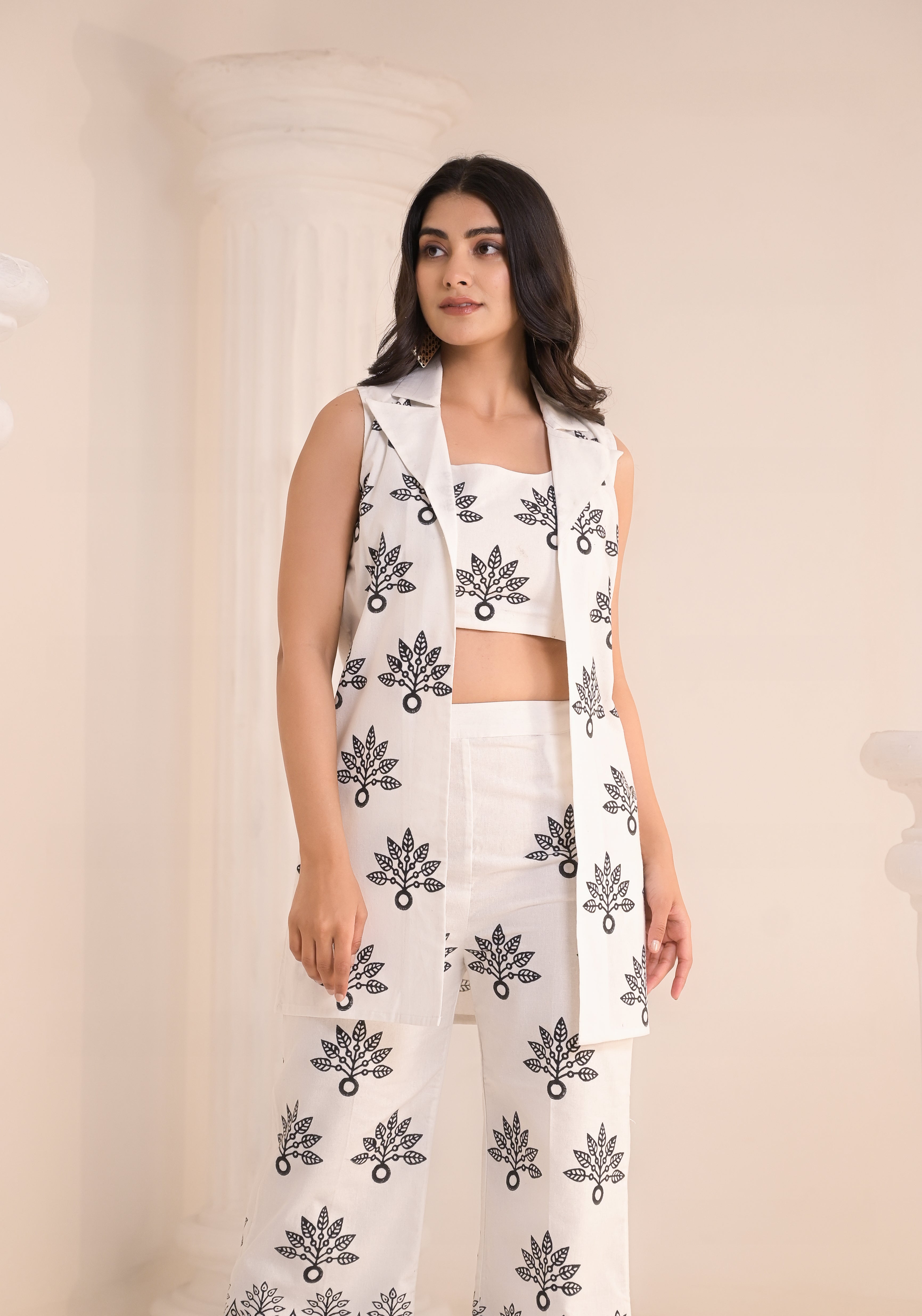 Redefine Our White & Black Hand-Block Printed 3-Piece Co-ord Set