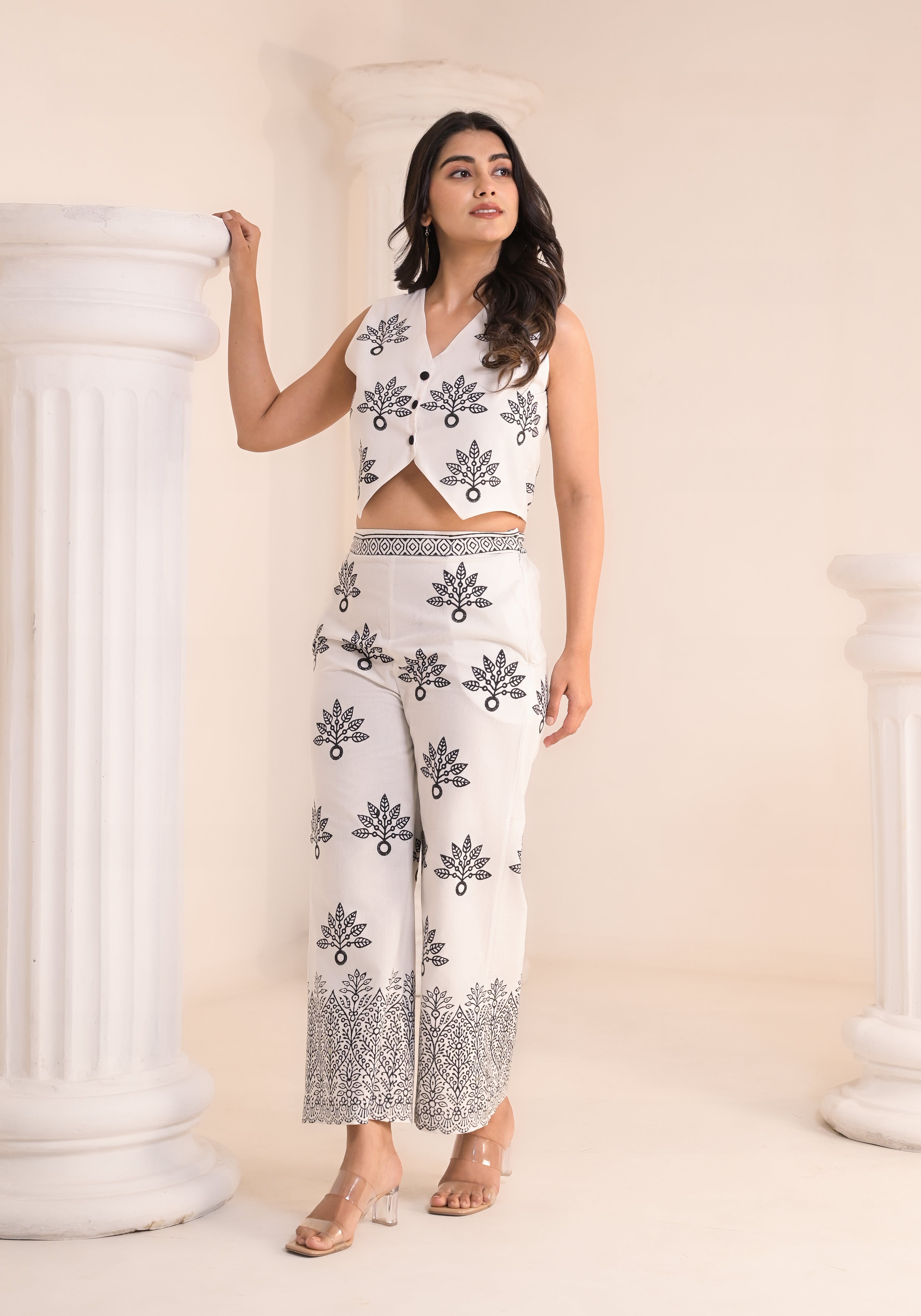Qala Jaipur Ivory Hand-Block Print Waistcoat Crop Top & Straight Pants Co-ord Set