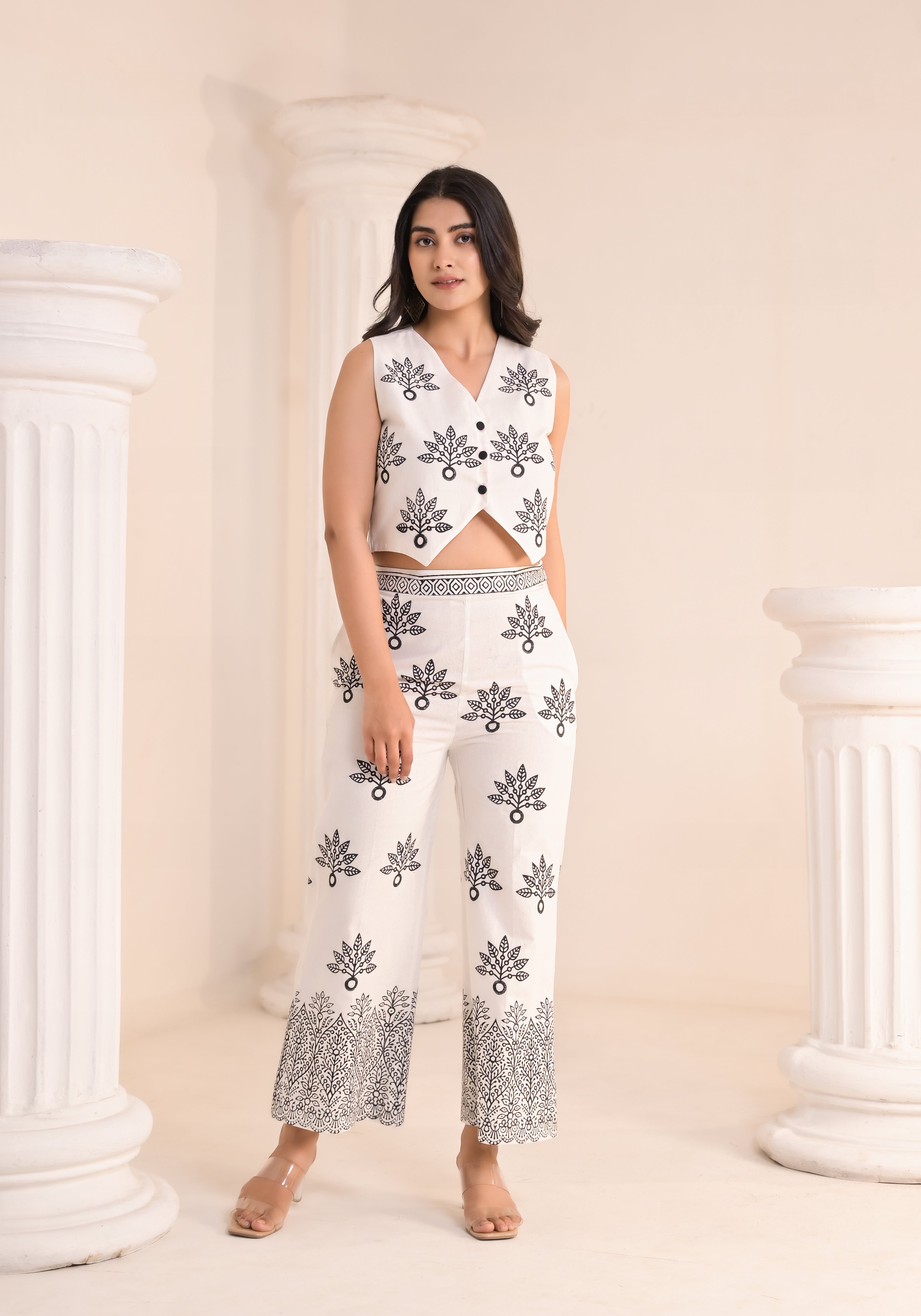 Qala Jaipur Ivory Hand-Block Print Waistcoat Crop Top & Straight Pants Co-ord Set