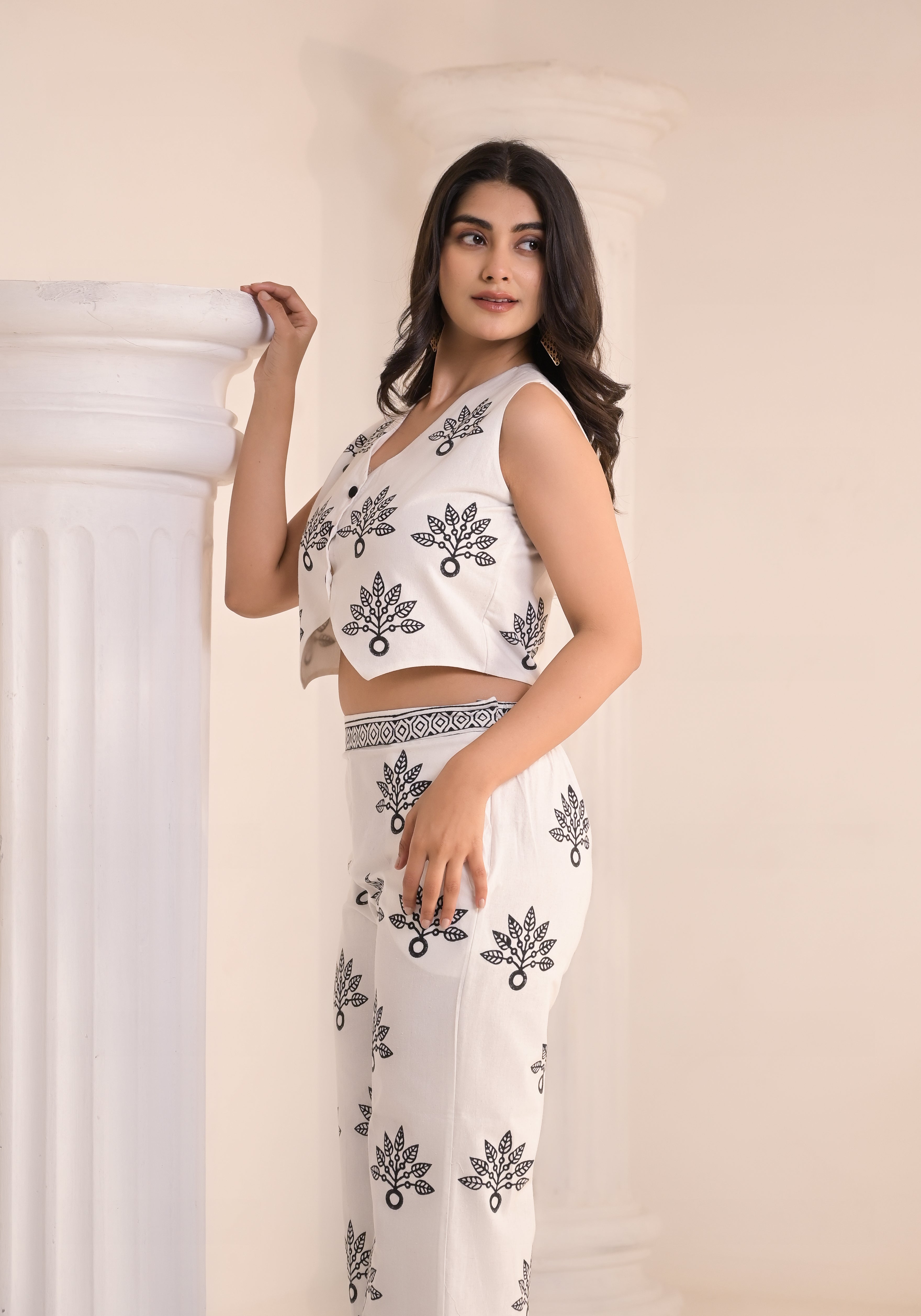 Qala Jaipur Ivory Hand-Block Print Waistcoat Crop Top & Straight Pants Co-ord Set
