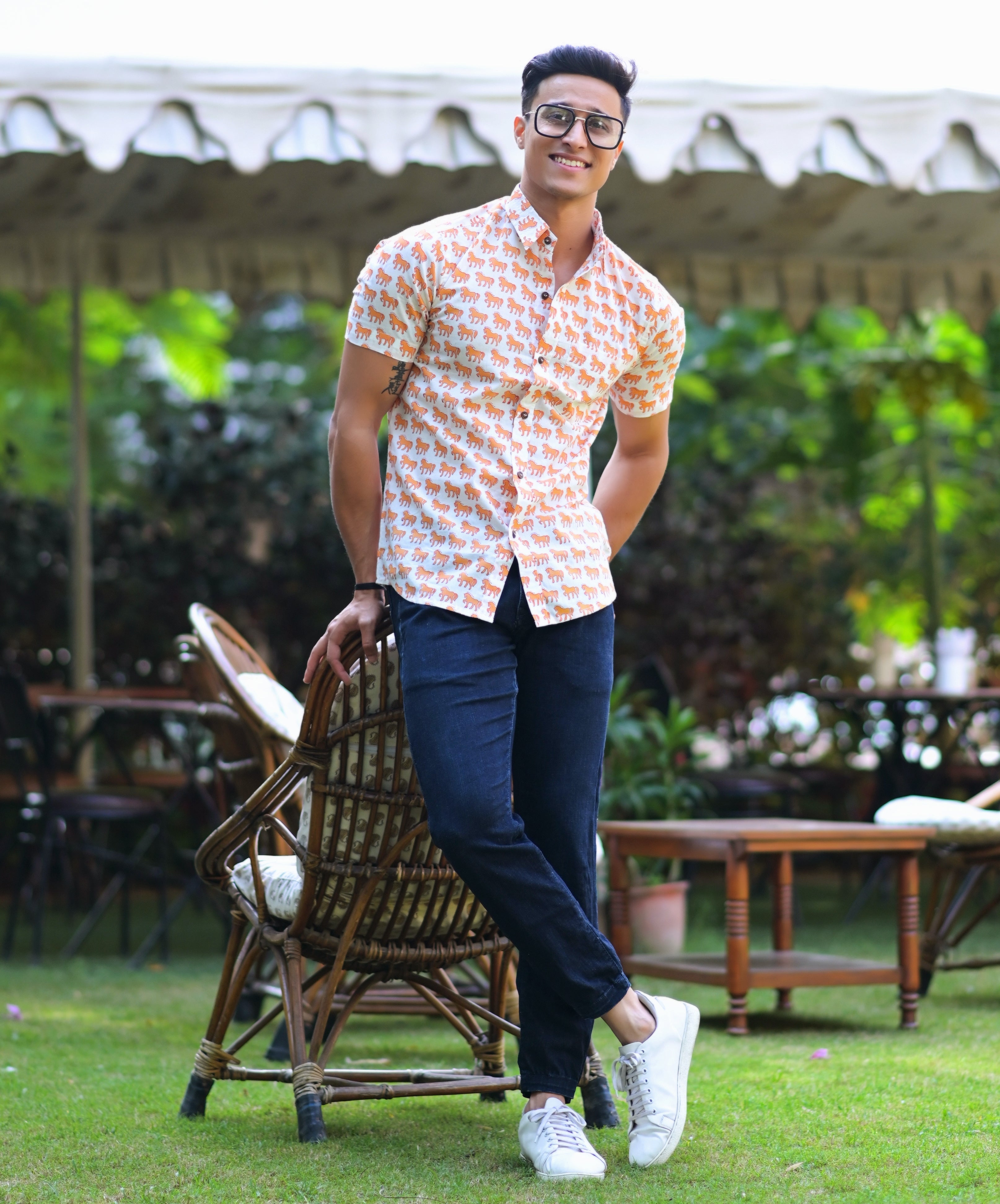Qala Jaipur White Hand Block Print Horse Motif Shirt for Men | Jaipuri Hand-Block Cotton Shirt