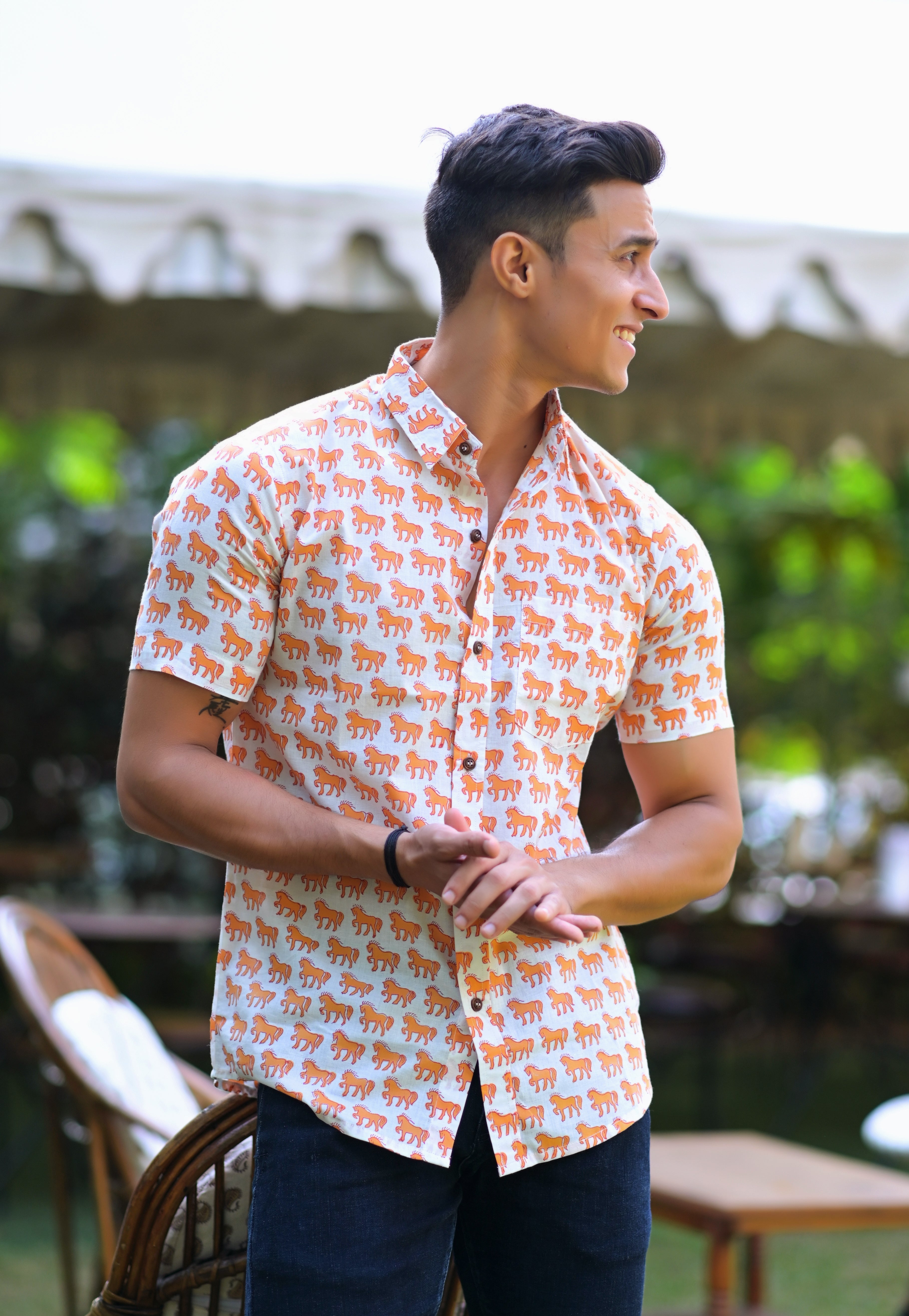 Qala Jaipur White Hand Block Print Horse Motif Shirt for Men | Jaipuri Hand-Block Cotton Shirt