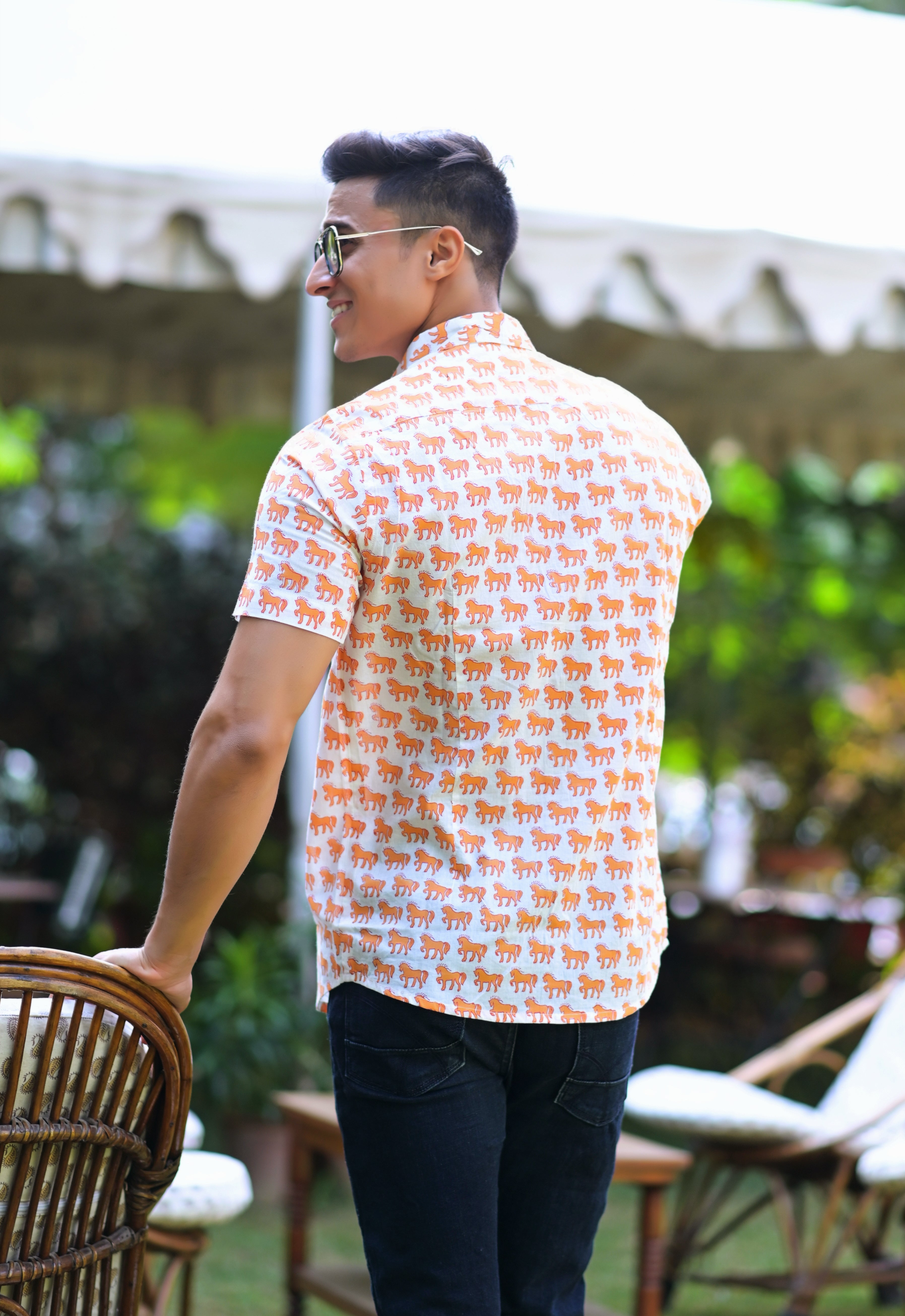 Qala Jaipur White Hand Block Print Horse Motif Shirt for Men | Jaipuri Hand-Block Cotton Shirt
