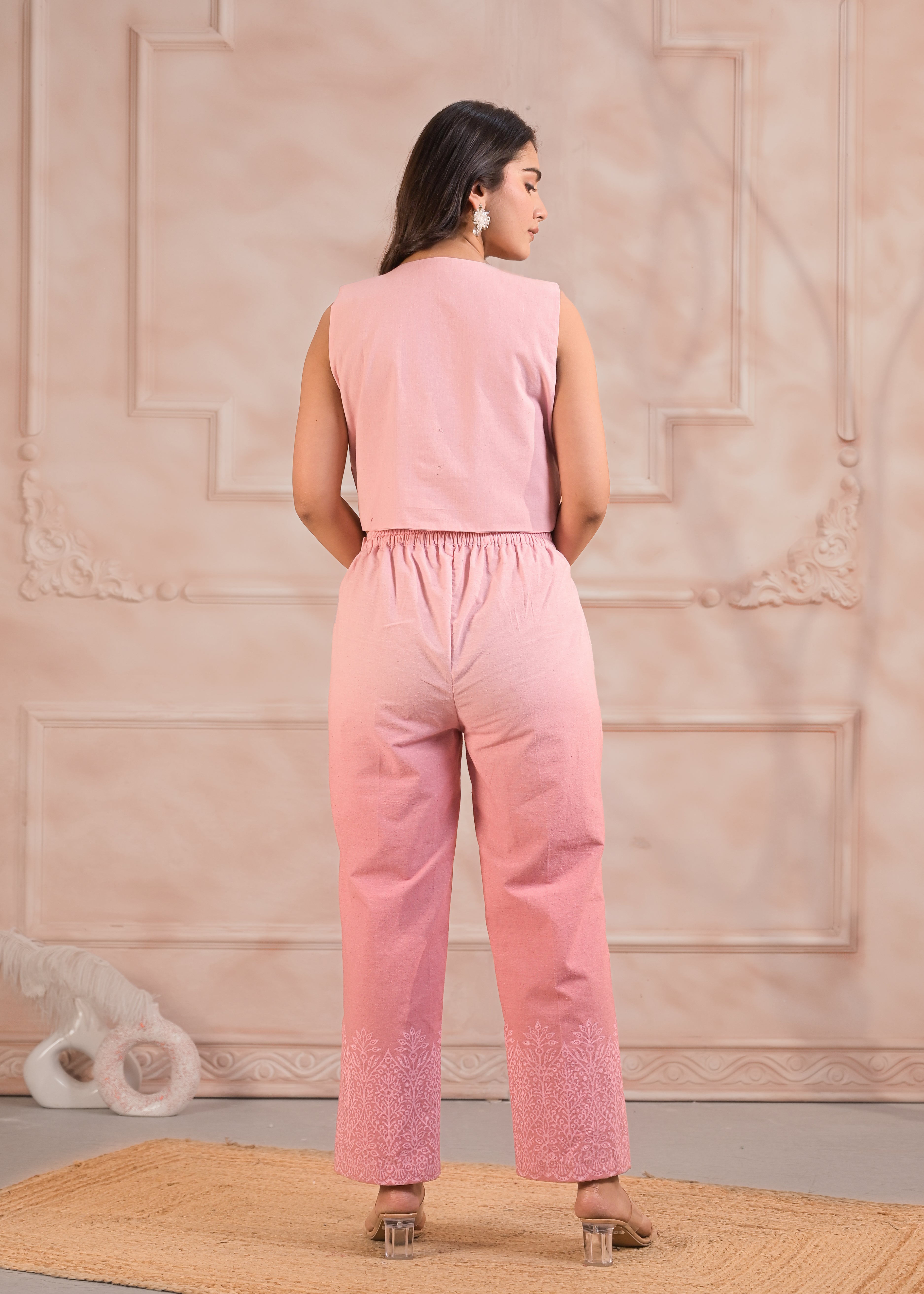 Qala Jaipur Blush Pink Ombre Hand-Block Printed Waistcoat Crop Top & Trouser Co-ord Set