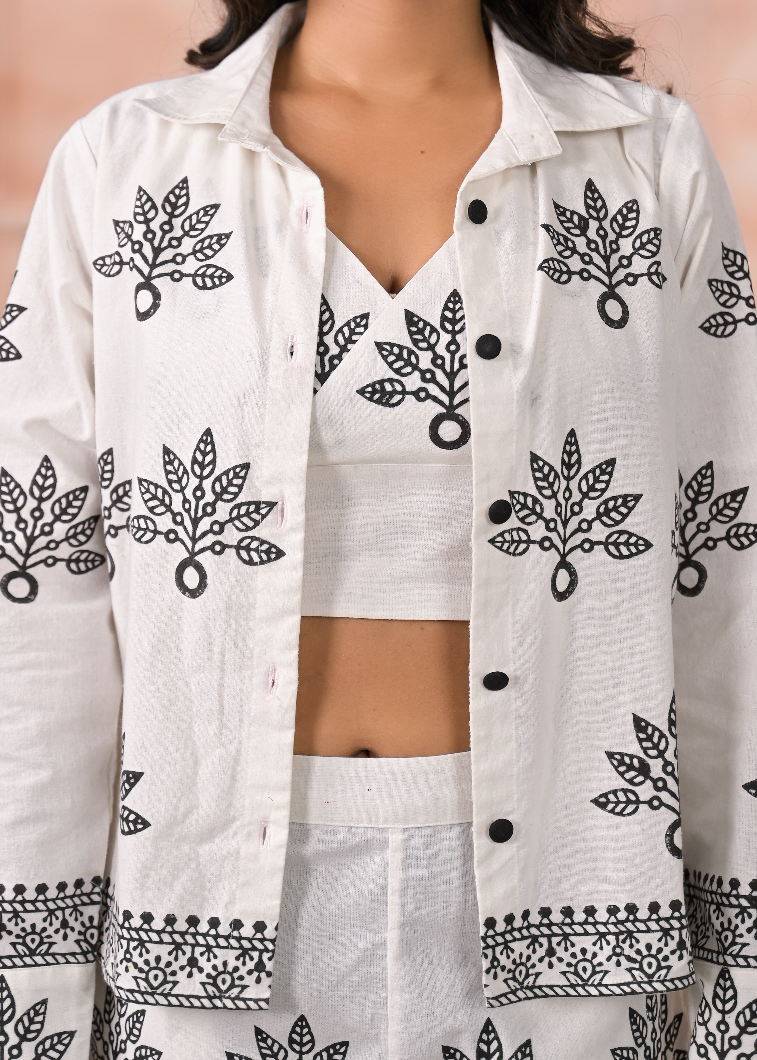 Qala Jaipur Ivory Hand-Block Printed Shirt Jacket & Shorts Co-ord Set