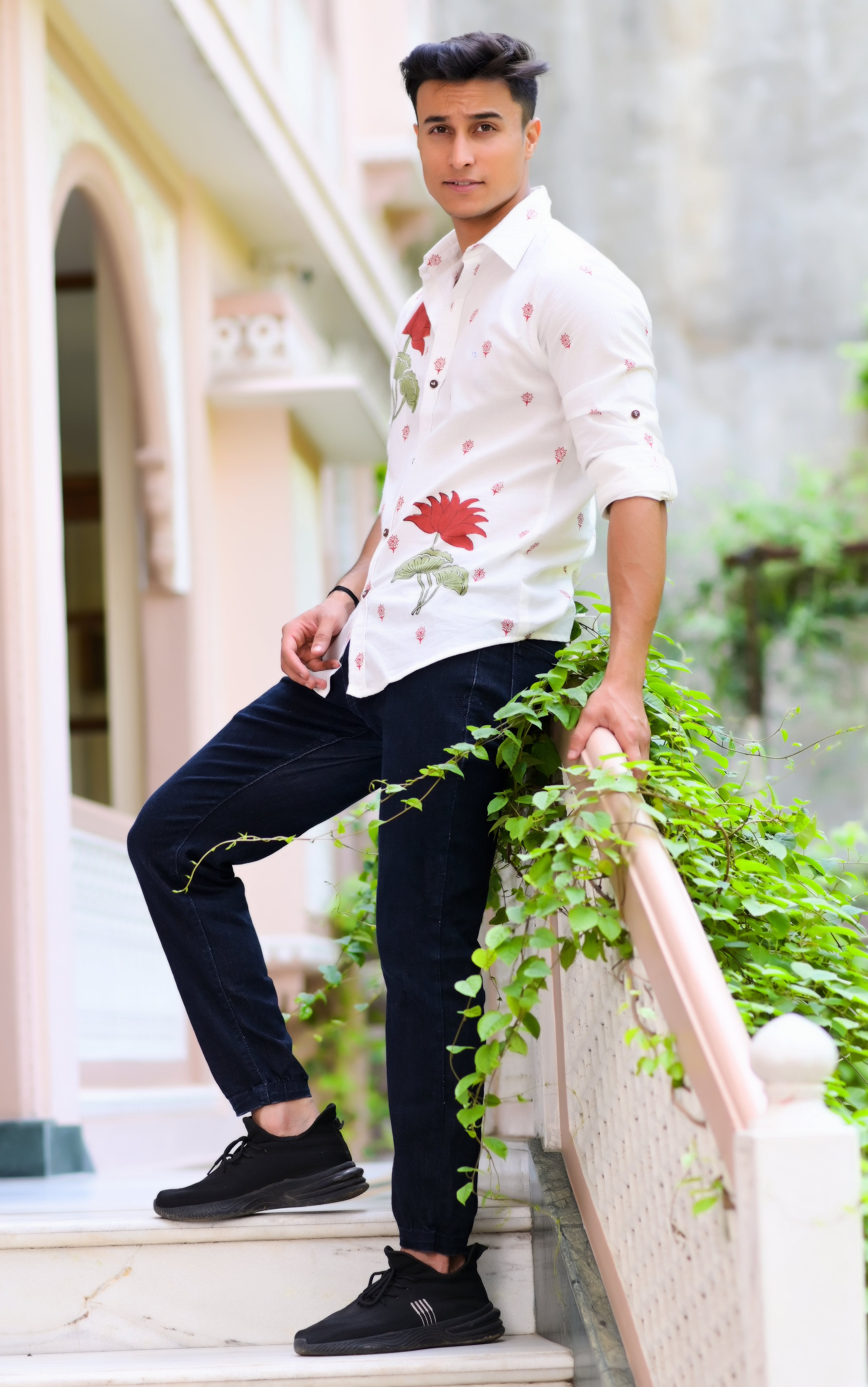 Qala Jaipur White Hand Block Print Floral Shirt for Men | Jaipuri Hand-Block Cotton Shirt