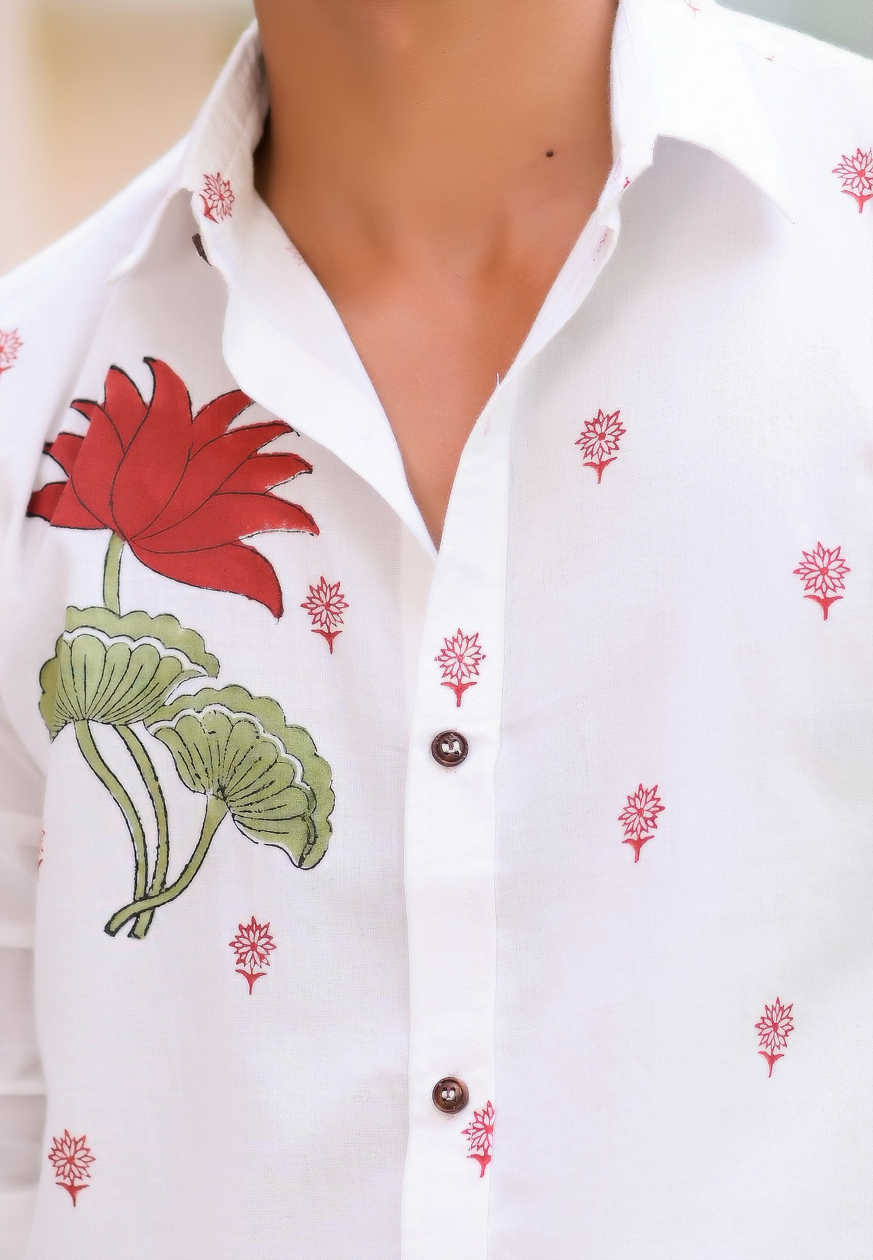 Qala Jaipur White Hand Block Print Floral Shirt for Men | Jaipuri Hand-Block Cotton Shirt