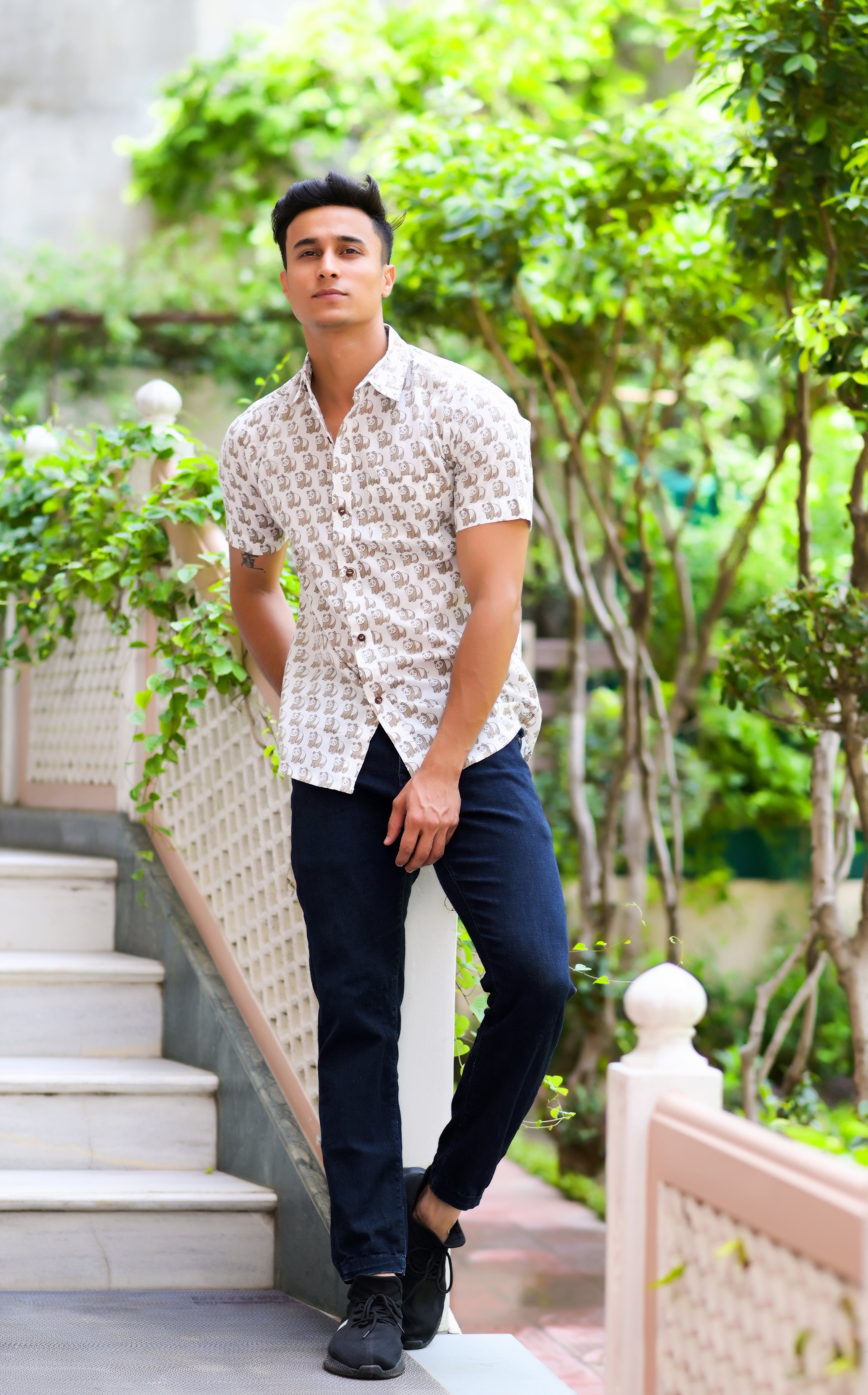 Qala Jaipur White Hand Block Print Bear Motif Shirt for Men | Jaipuri Hand-Block Cotton Shirt